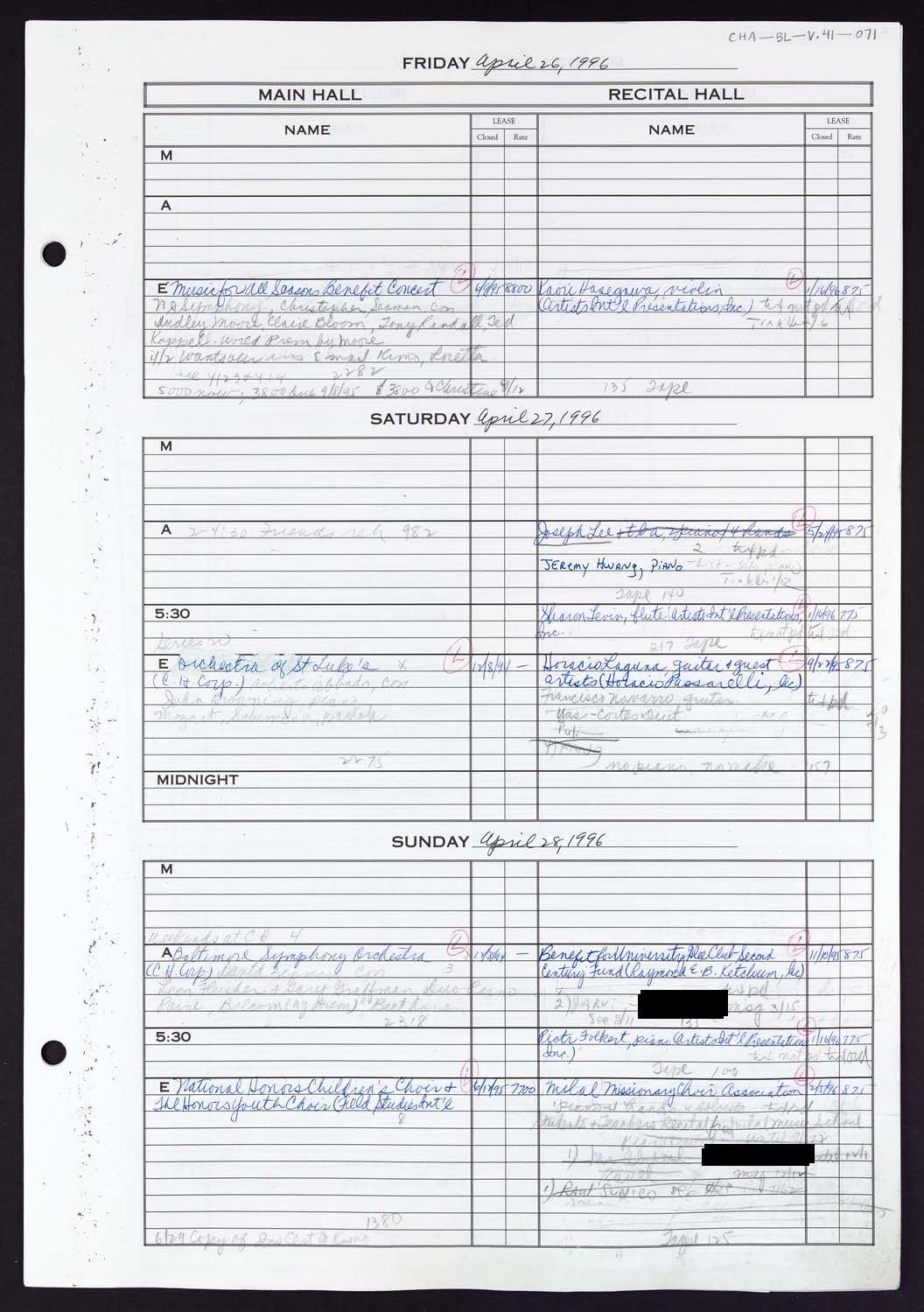 Carnegie Hall Booking Ledger, volume 41, page 71