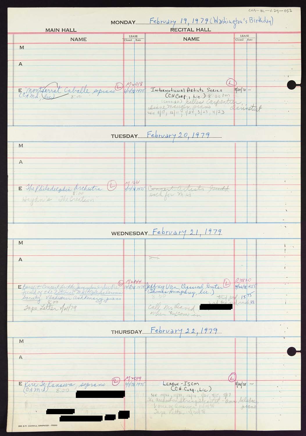 Carnegie Hall Booking Ledger, volume 24, page 52