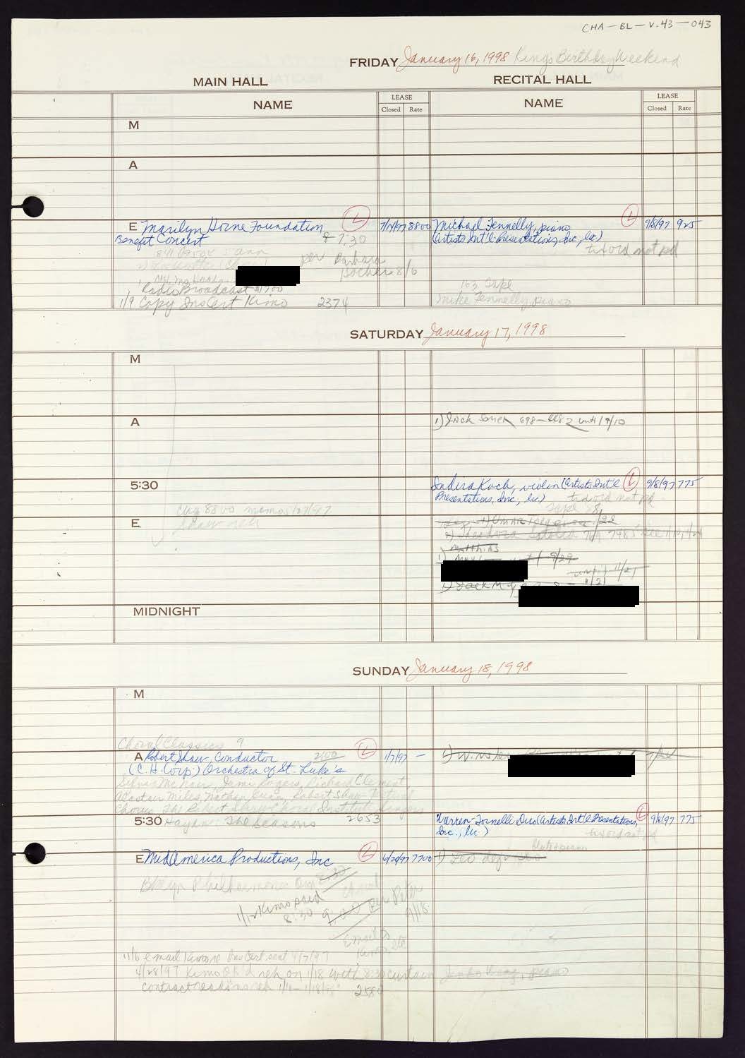 Carnegie Hall Booking Ledger, volume 43, page 43