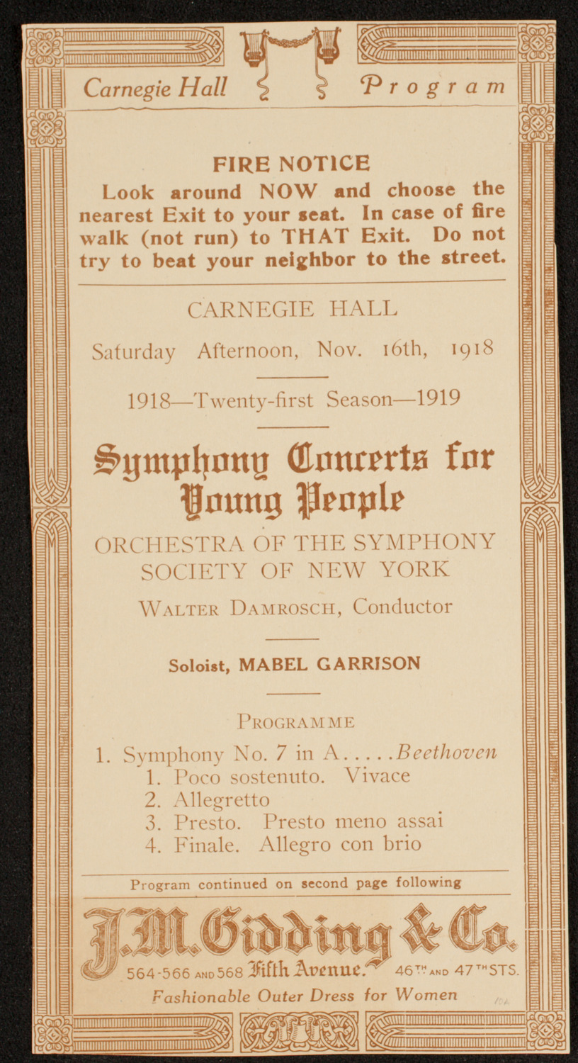 Symphony Concert for Young People, November 16, 1918, program page 1