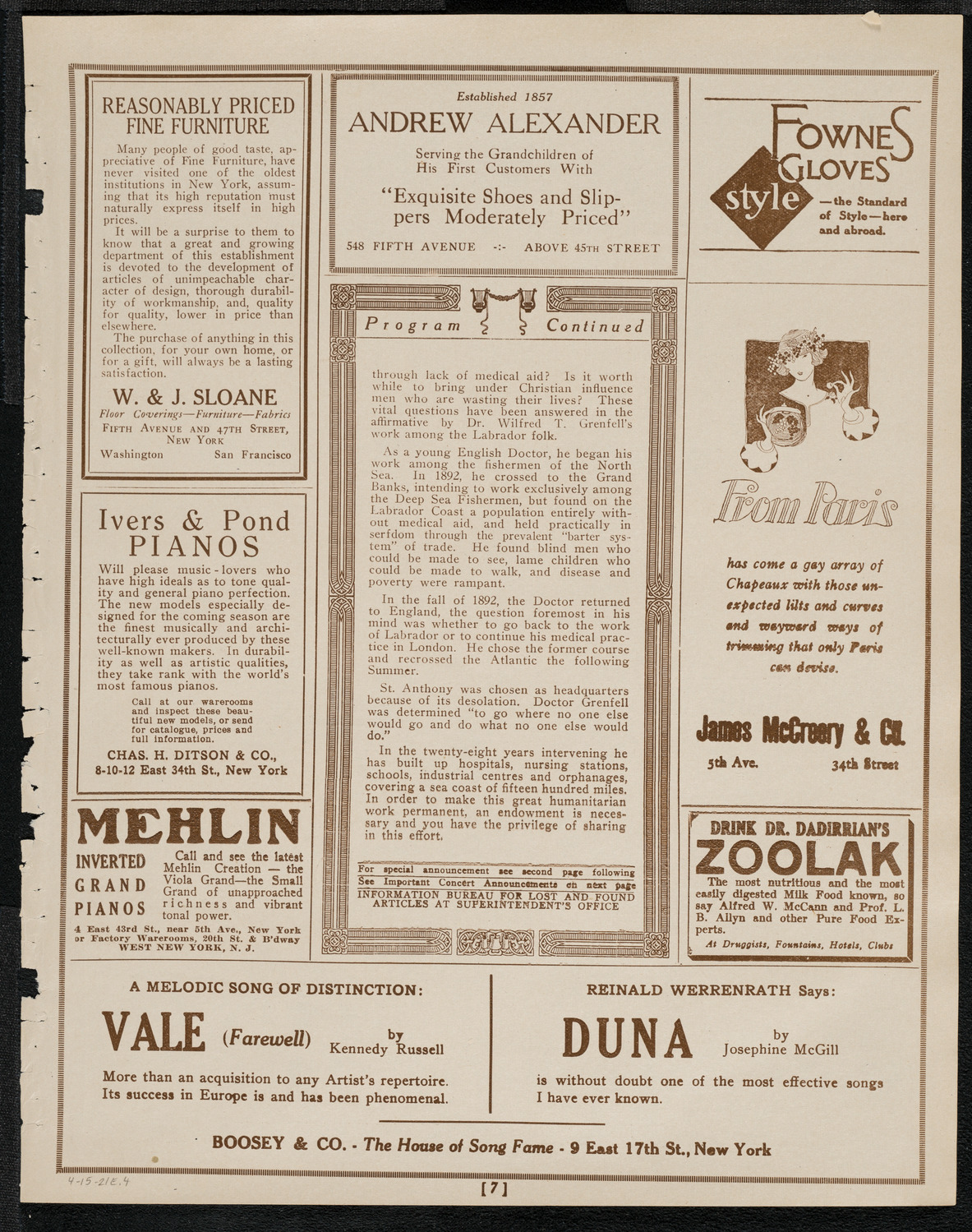 Lecture by Dr. Wilfred T. Grenfell, C.M.G, April 15, 1921, program page 7