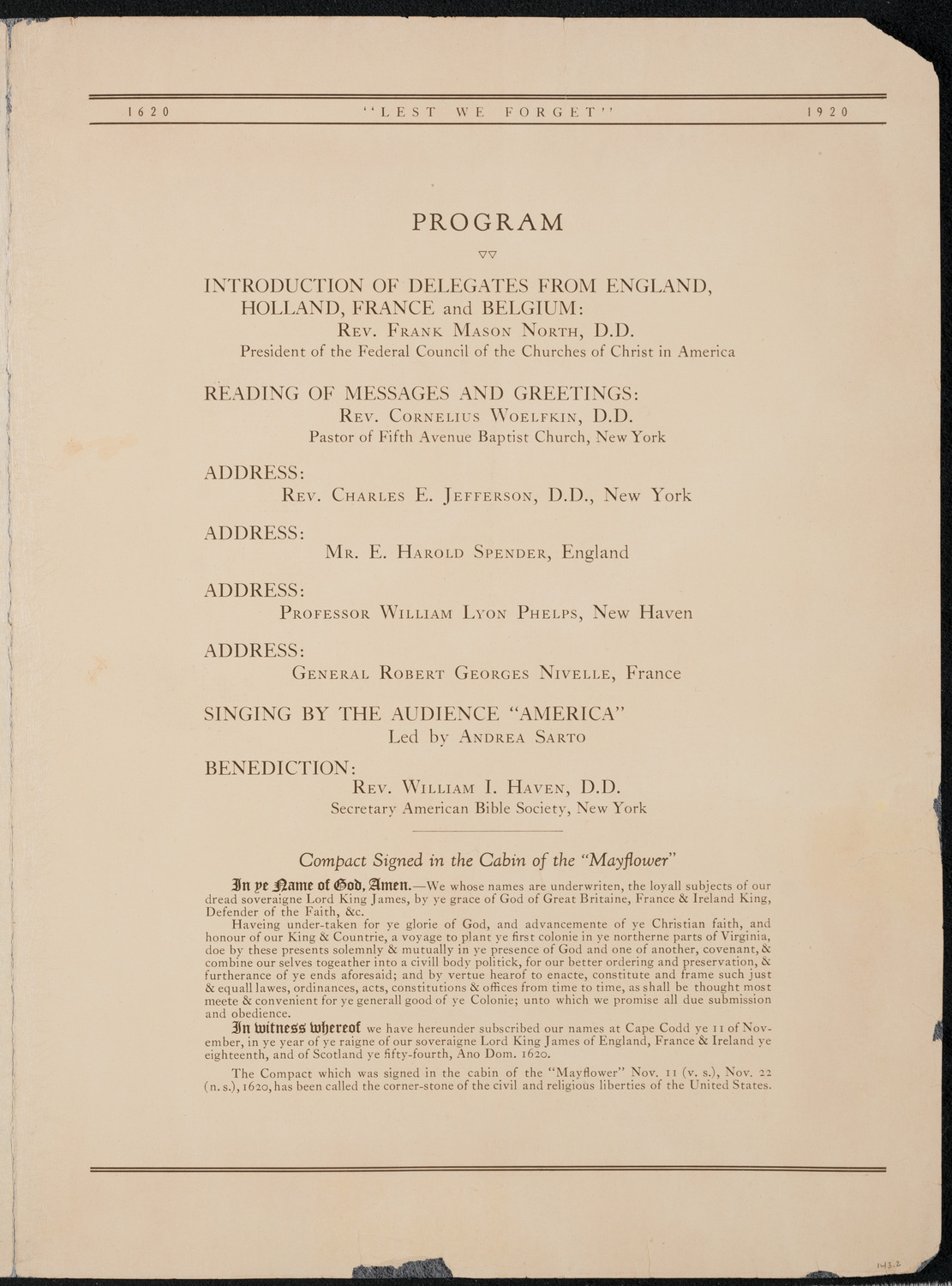 Three Hundredth Anniversary of the Landing of the Pilgrims, November 26, 1920, program page 3