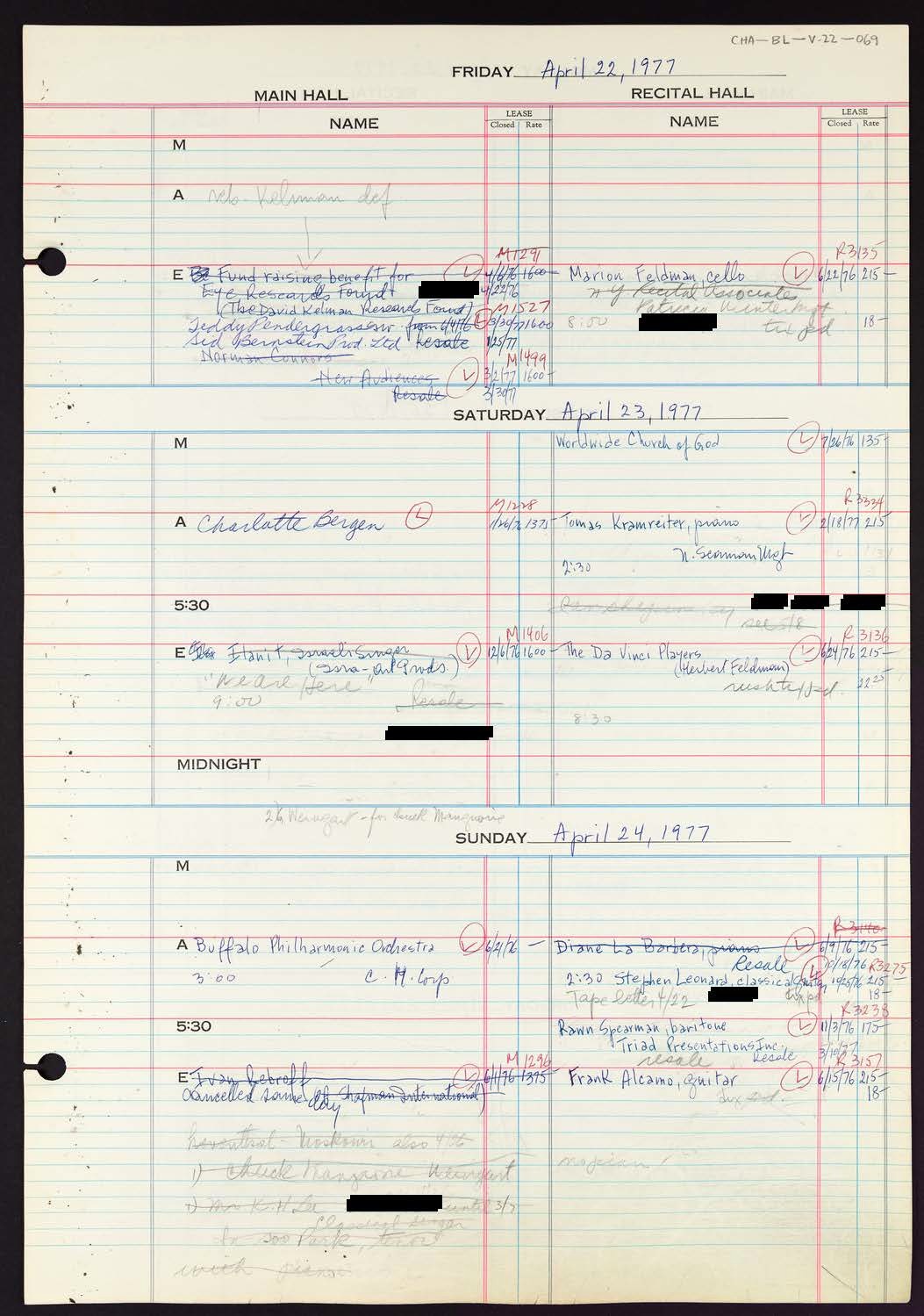 Carnegie Hall Booking Ledger, volume 22, page 69