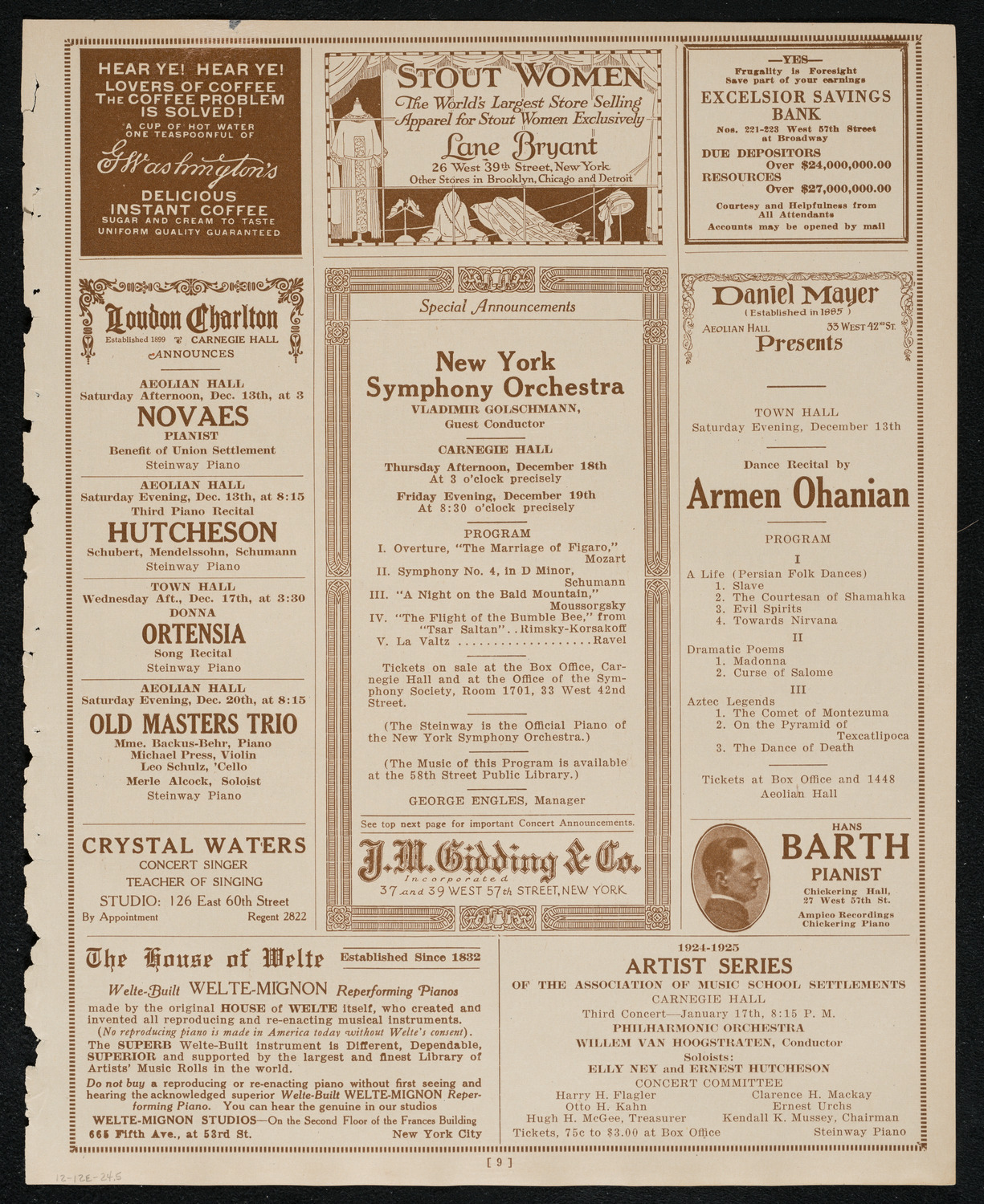 Wanda Landowska, Paul Kochanski, Rene Pollain, and Evsei Beloussoff, December 12, 1924, program page 9