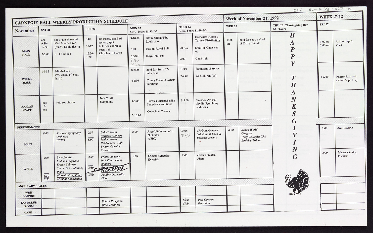 Carnegie Hall Booking Ledger, volume 38, page 27a