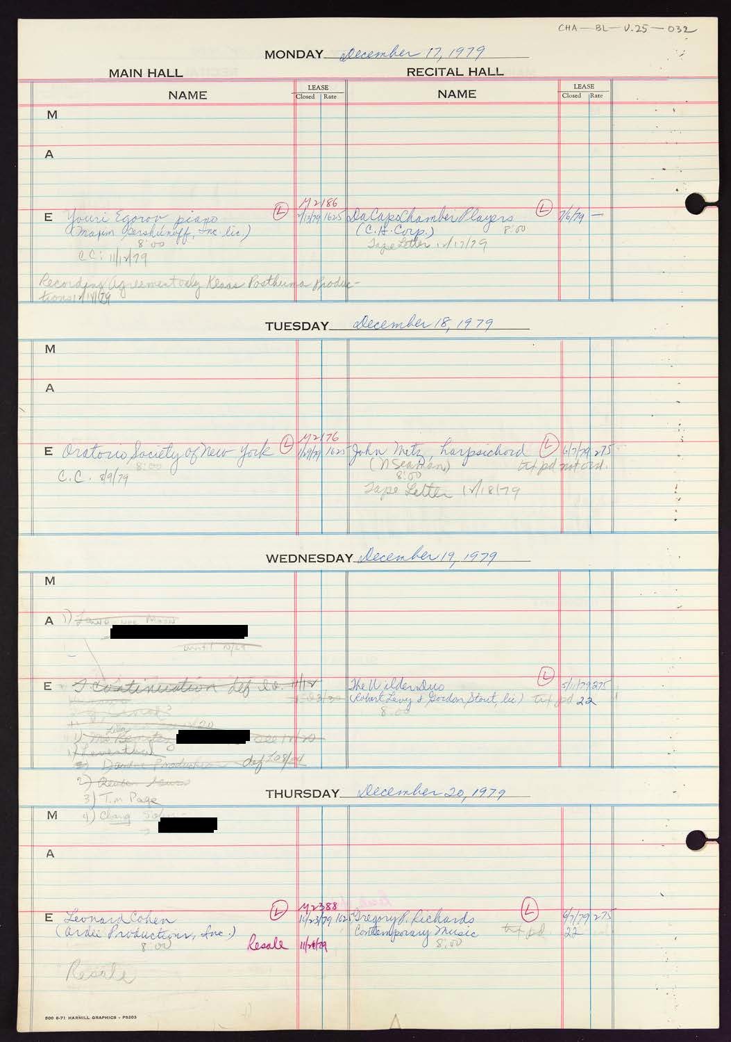 Carnegie Hall Booking Ledger, volume 25, page 32