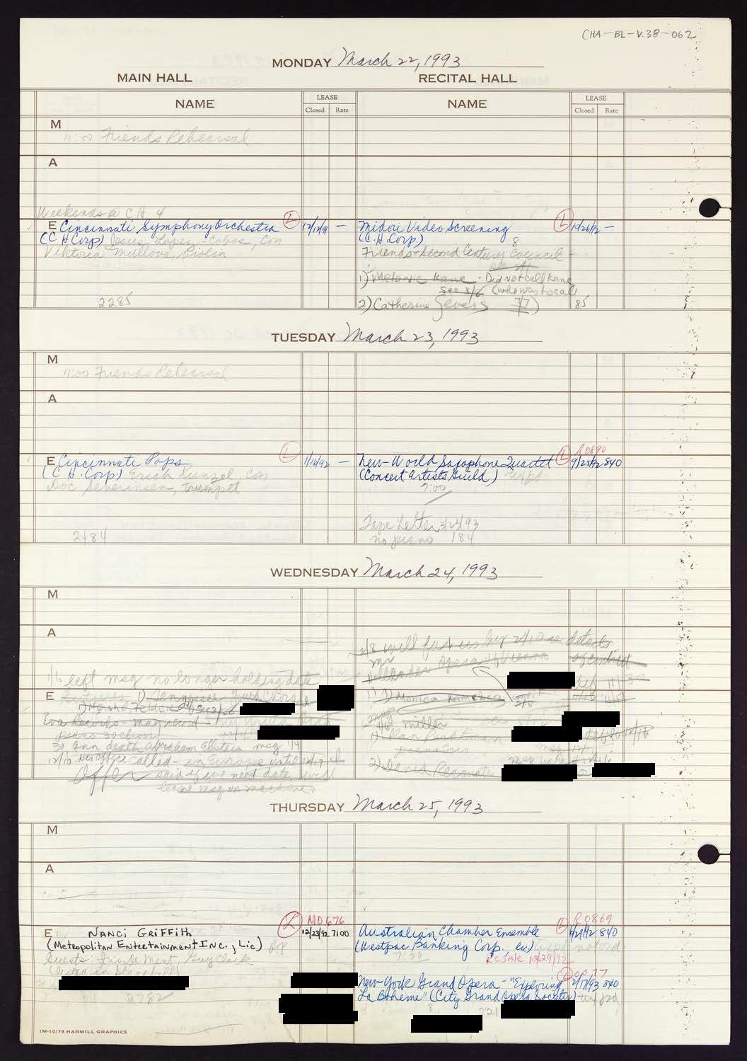 Carnegie Hall Booking Ledger, volume 38, page 62