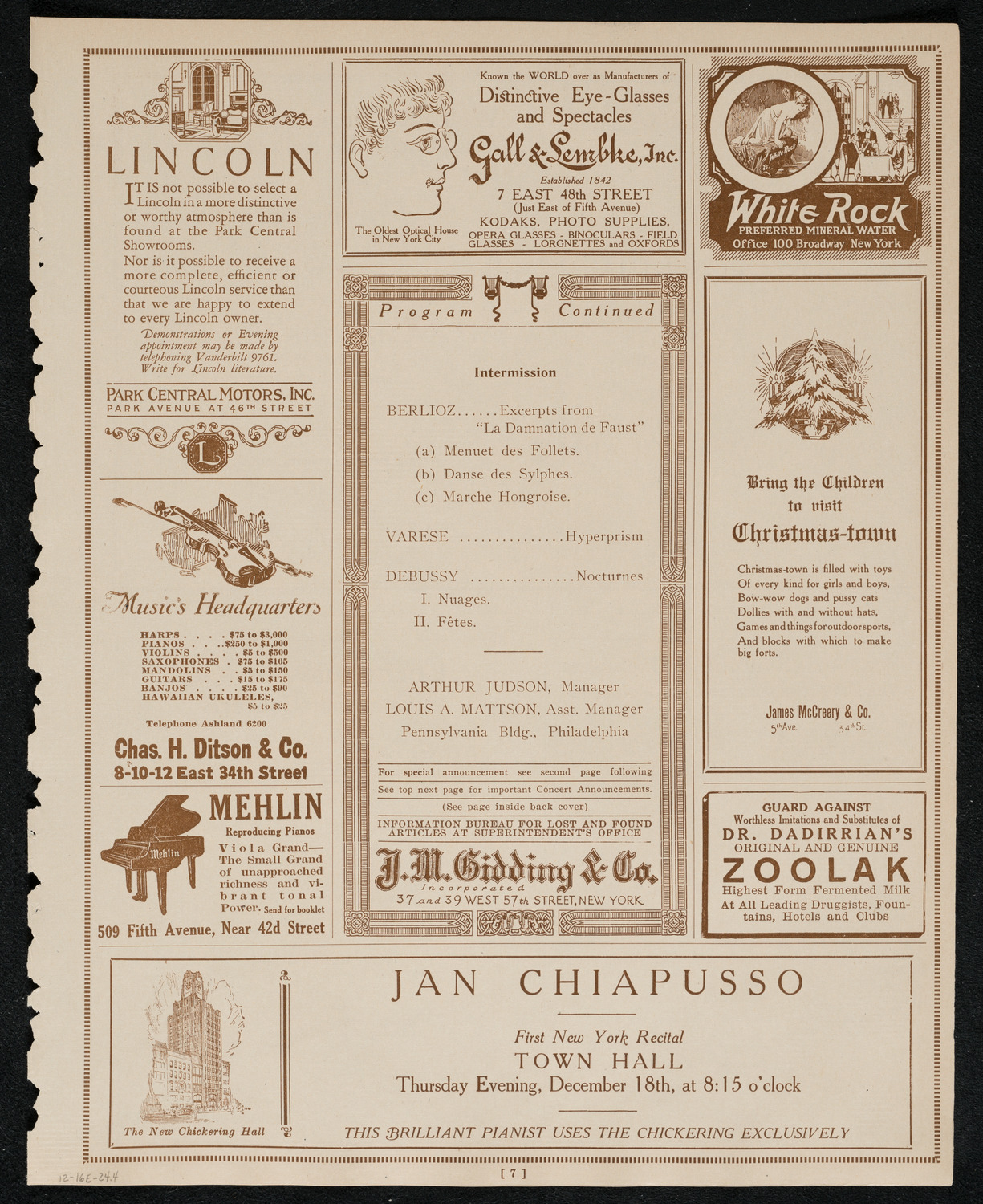 Philadelphia Orchestra, December 16, 1924, program page 7