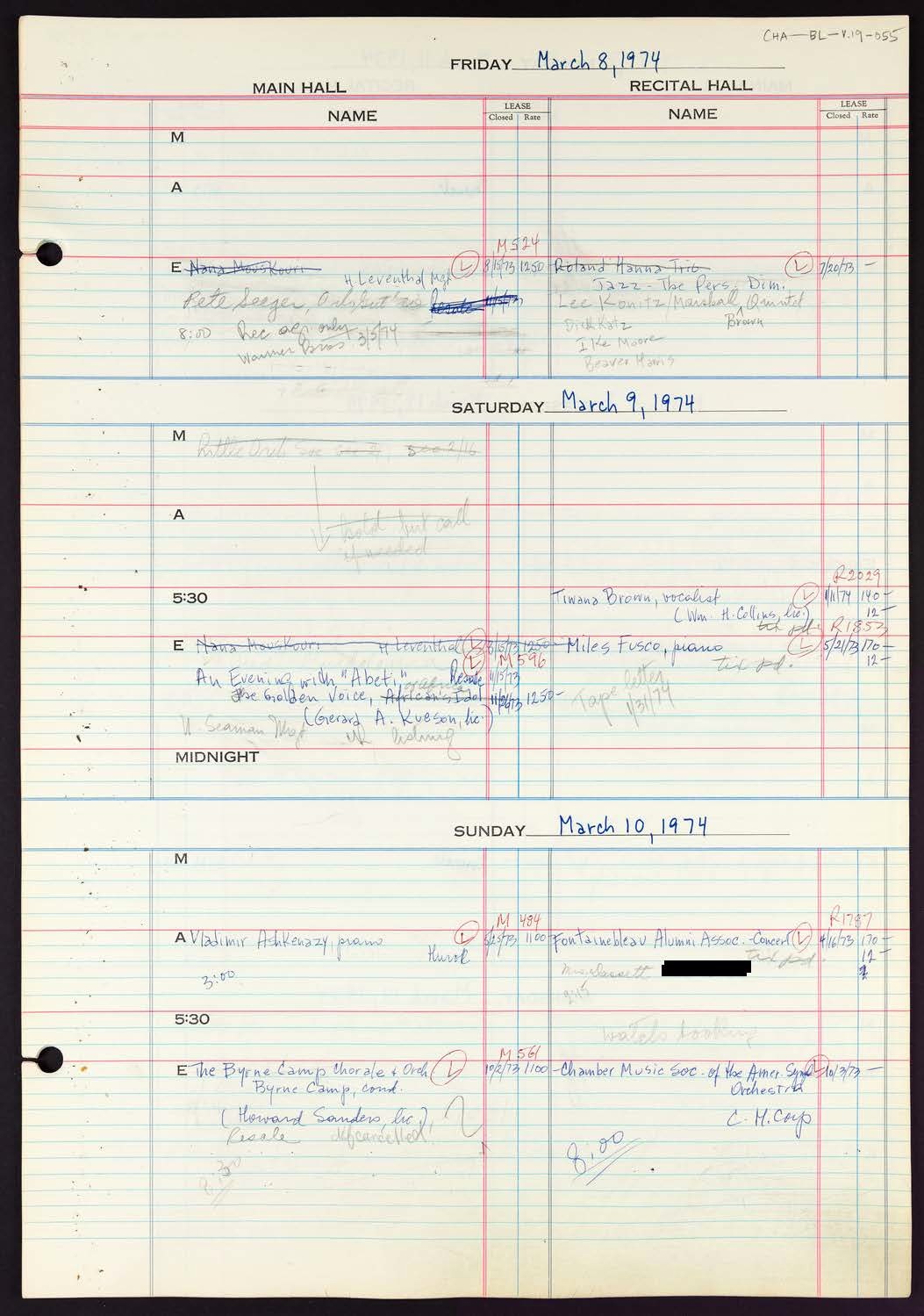 Carnegie Hall Booking Ledger, volume 19, page 55