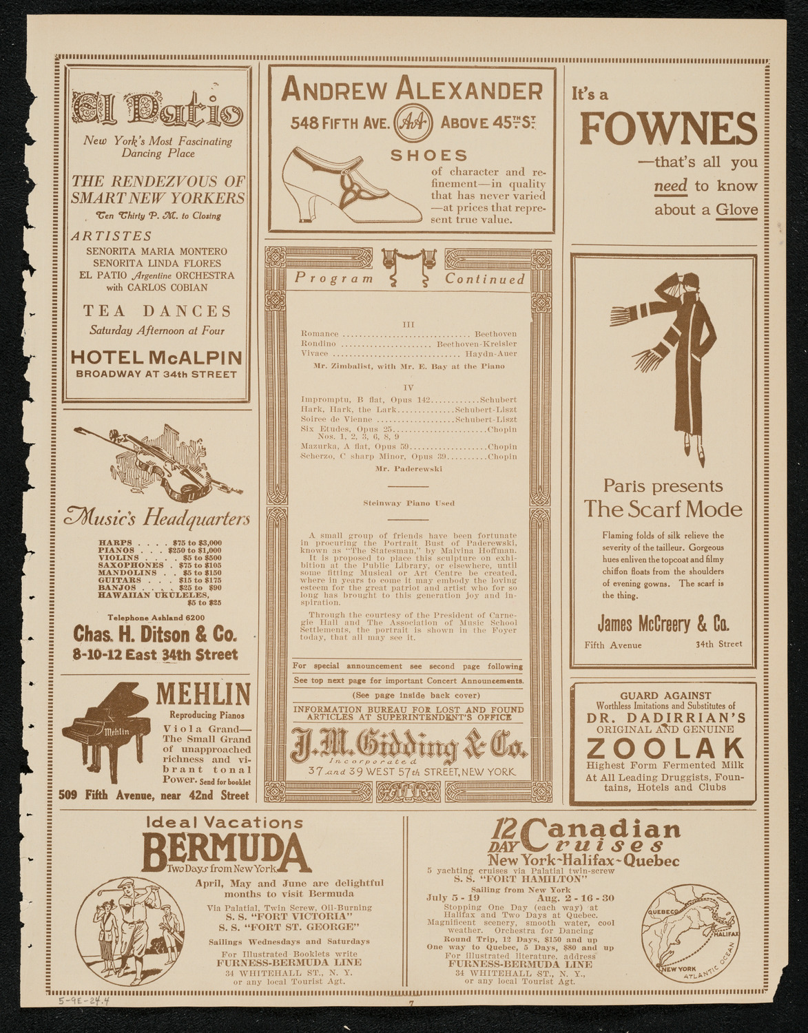 Ignacy Jan Paderewski, Piano, Efrem Zimbalist, Violin, and Felix Salmond, Cello, May 9, 1924, program page 7