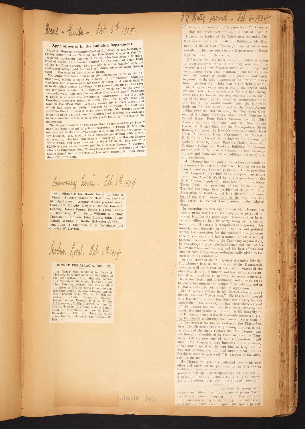 Isaac Hopper Scrapbook, page 143: 1904