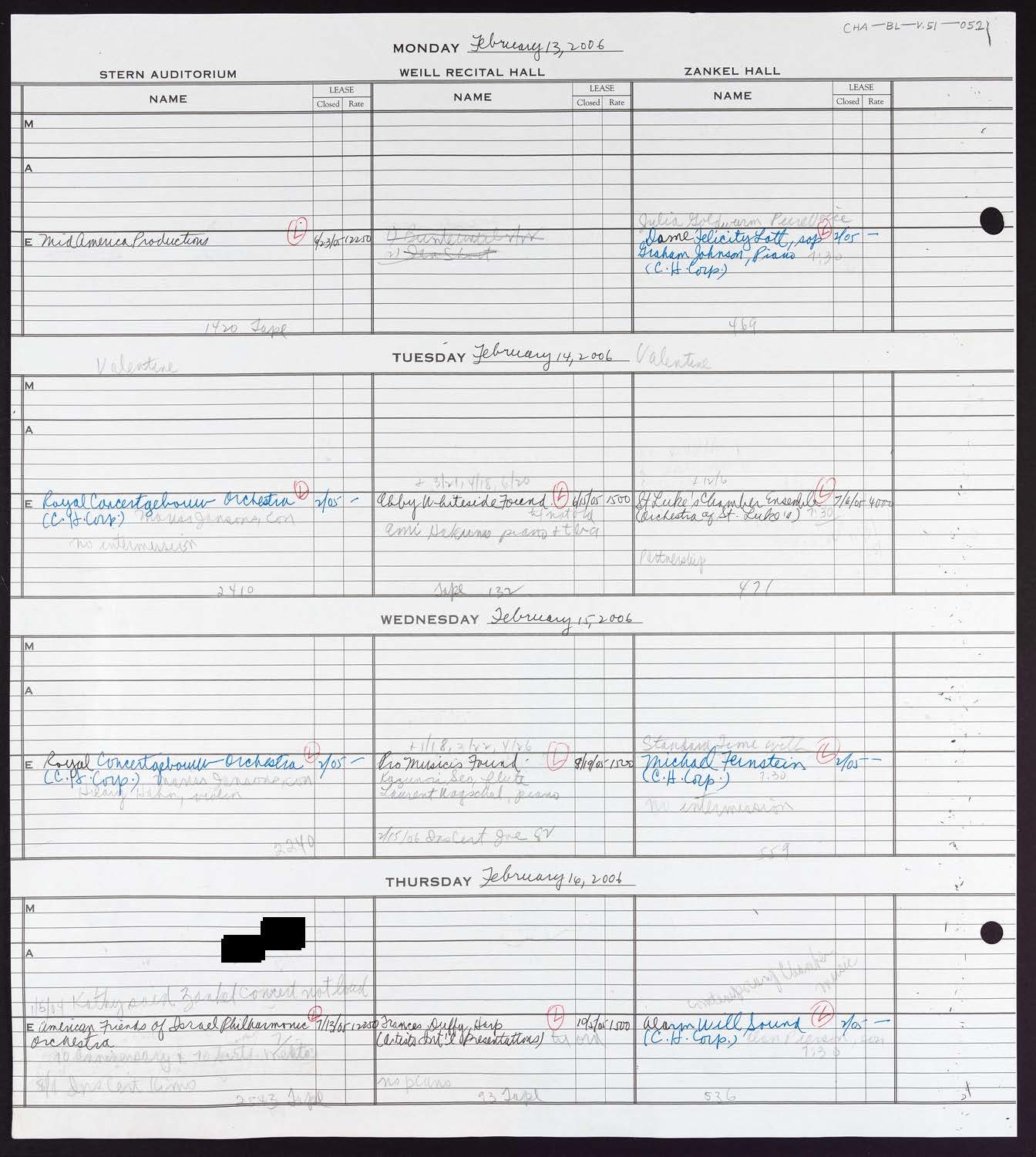 Carnegie Hall Booking Ledger, volume 51, page 52