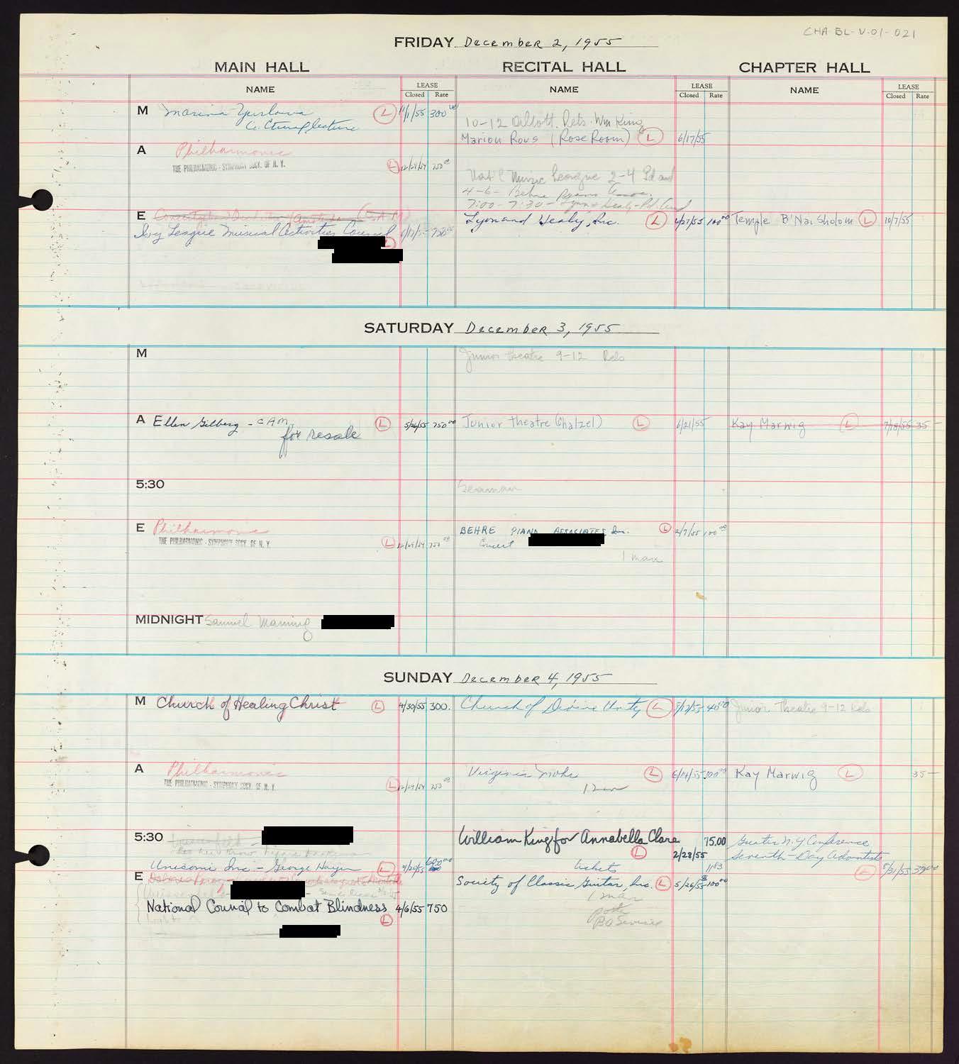 Carnegie Hall Booking Ledger, volume 1, page 21