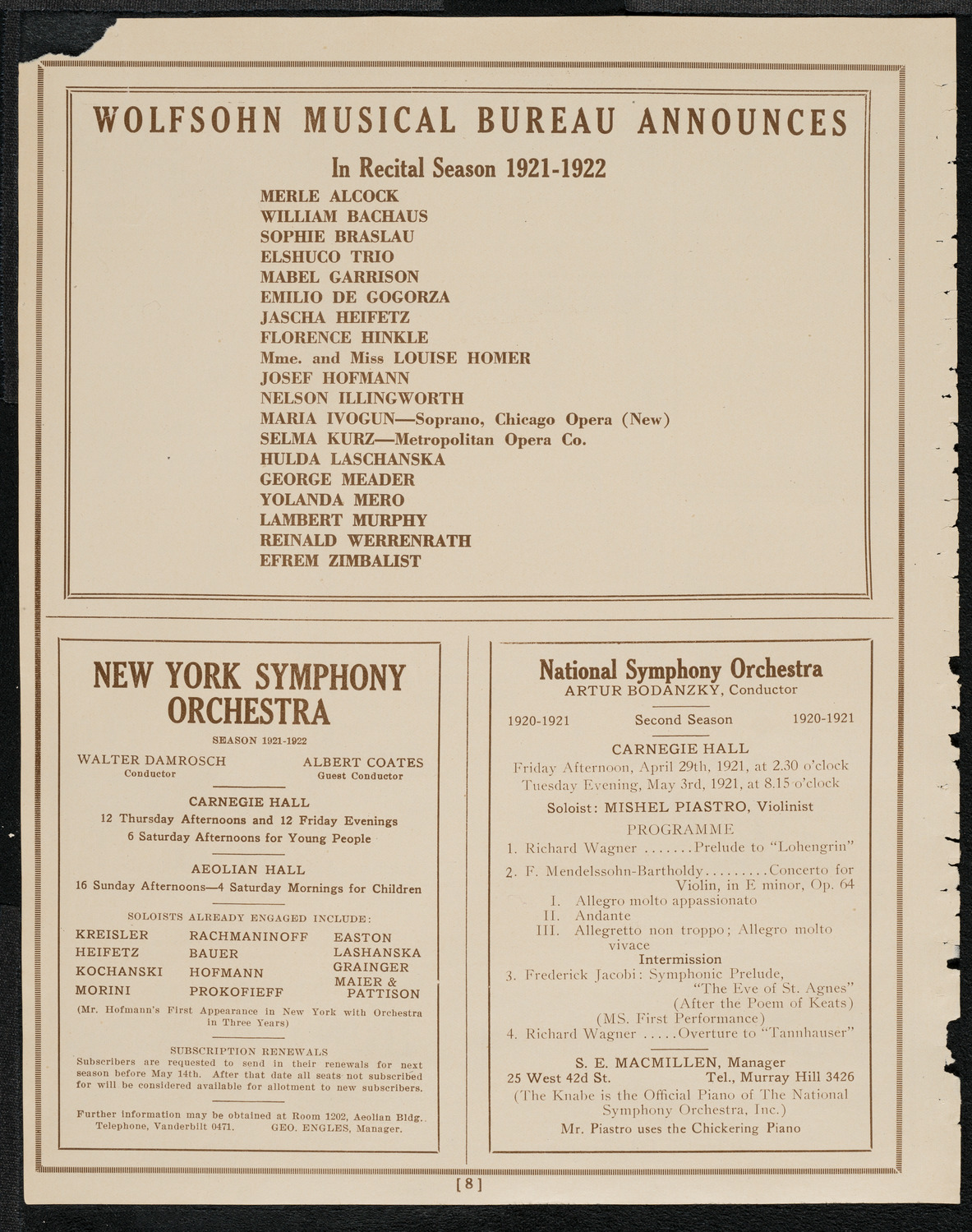 National Symphony Orchestra, April 26, 1921, program page 8