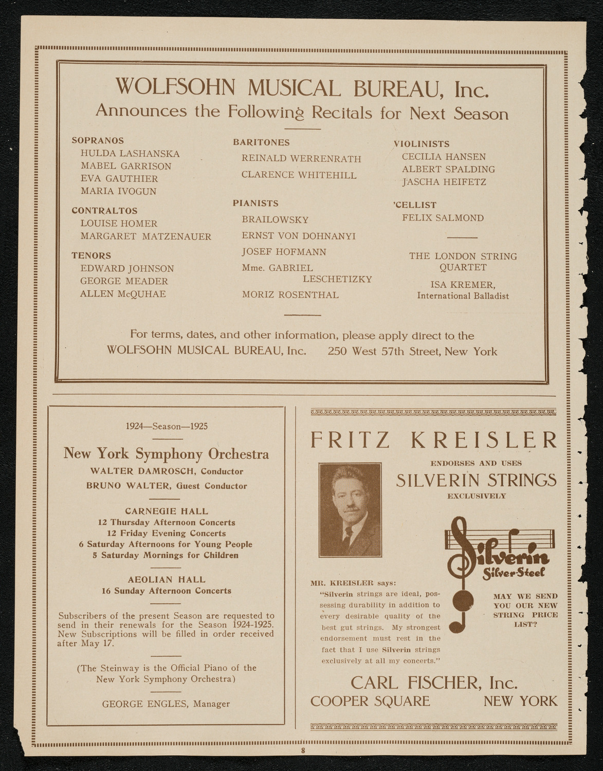 Ignacy Jan Paderewski, Piano, Efrem Zimbalist, Violin, and Felix Salmond, Cello, May 9, 1924, program page 8