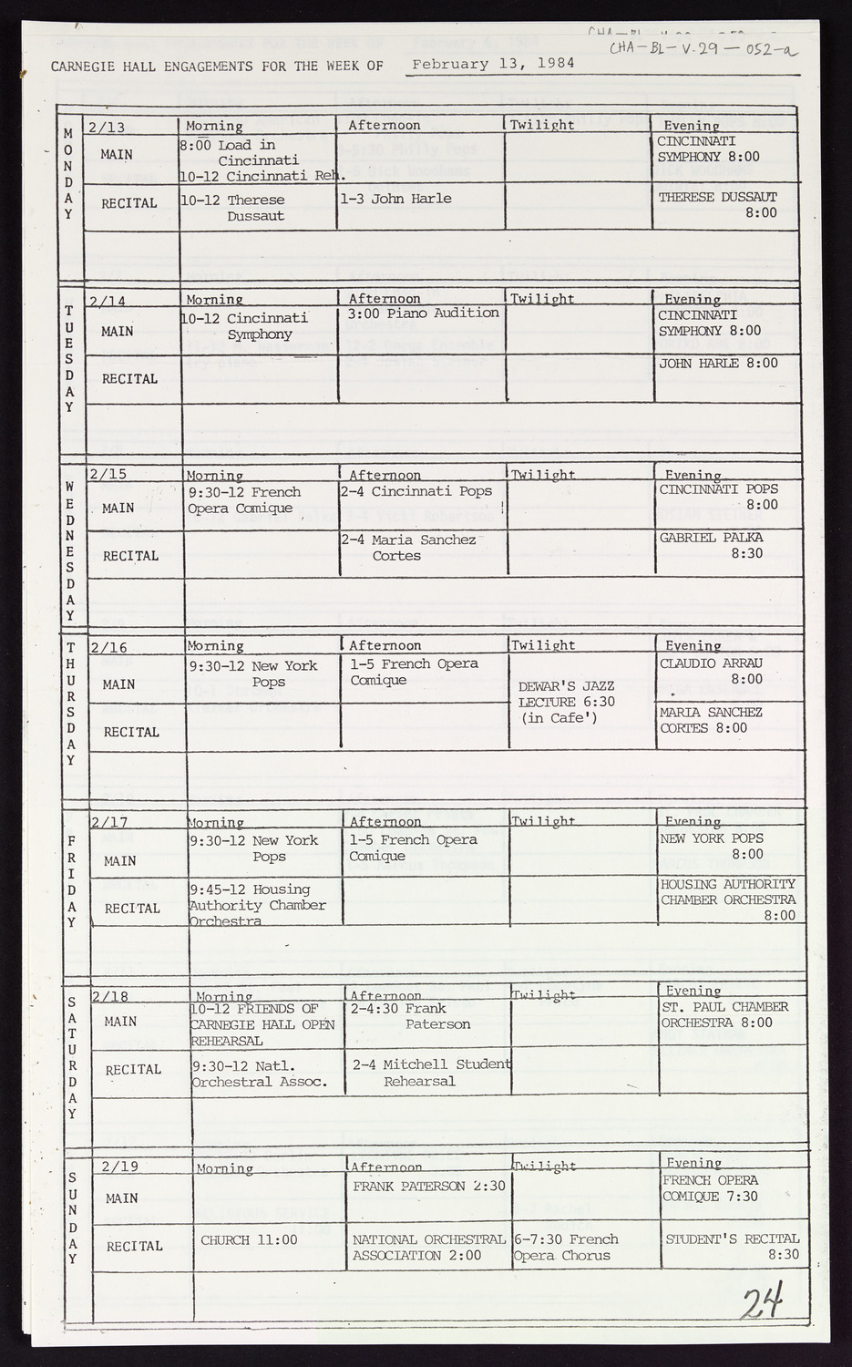 Carnegie Hall Booking Ledger, volume 29, page 52a