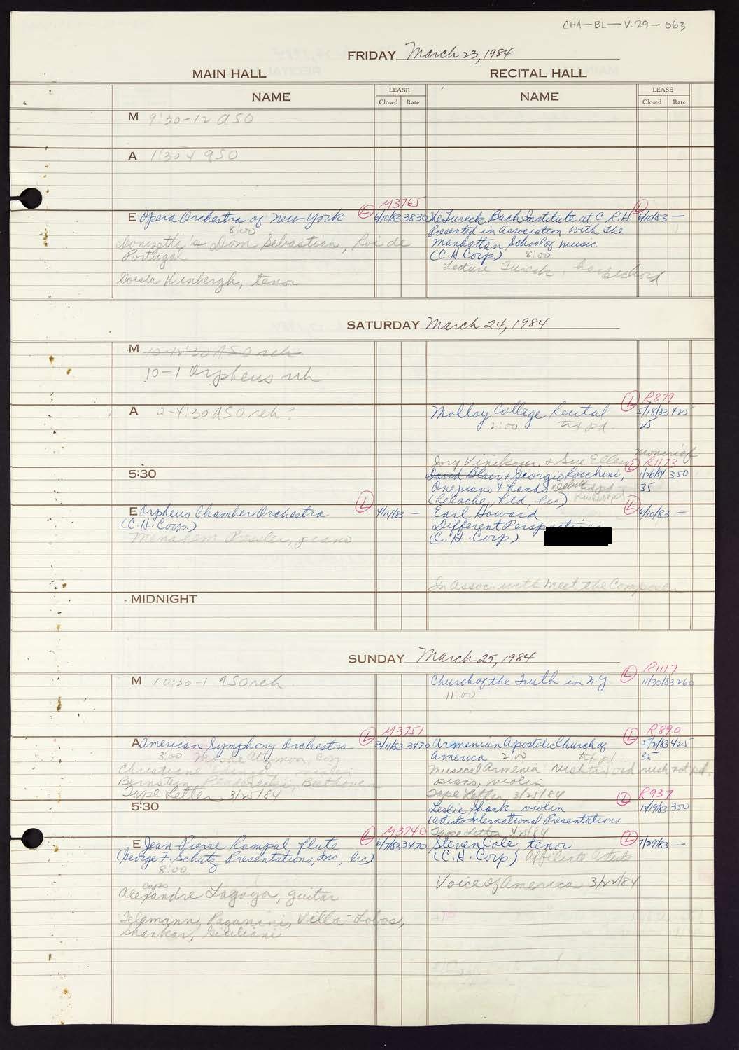 Carnegie Hall Booking Ledger, volume 29, page 63