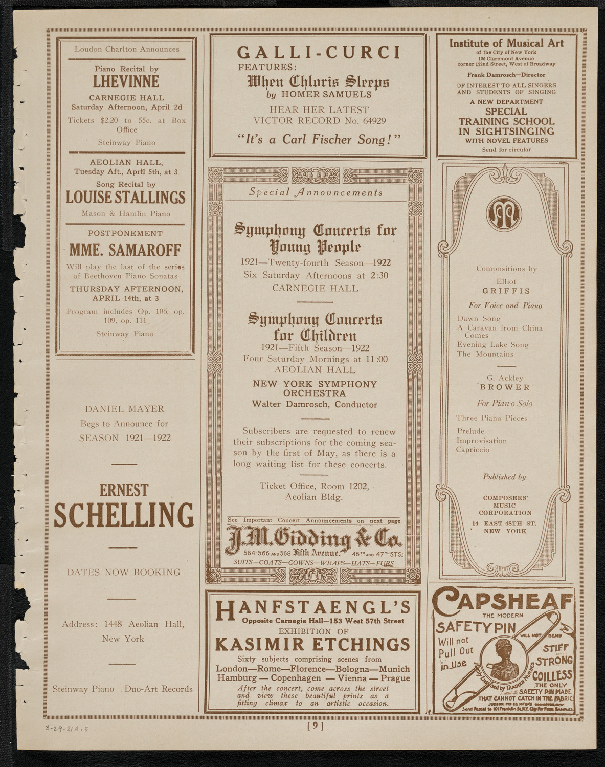 National Symphony Orchestra, March 29, 1921, program page 9