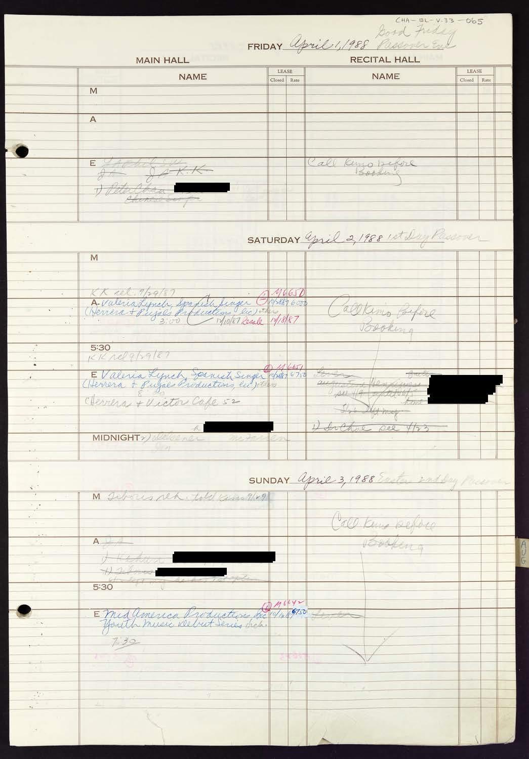 Carnegie Hall Booking Ledger, volume 33, page 65