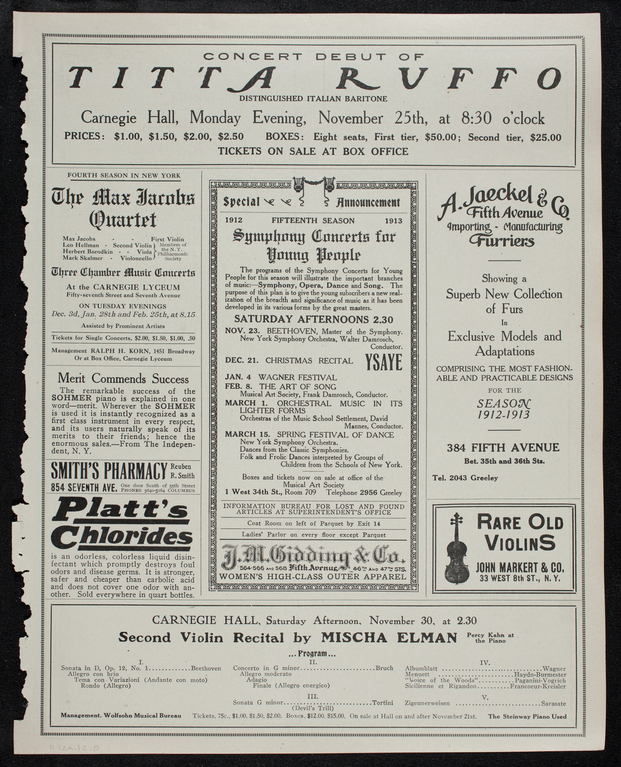 Efrem Zimbalist, Violin, November 12, 1912, program page 9