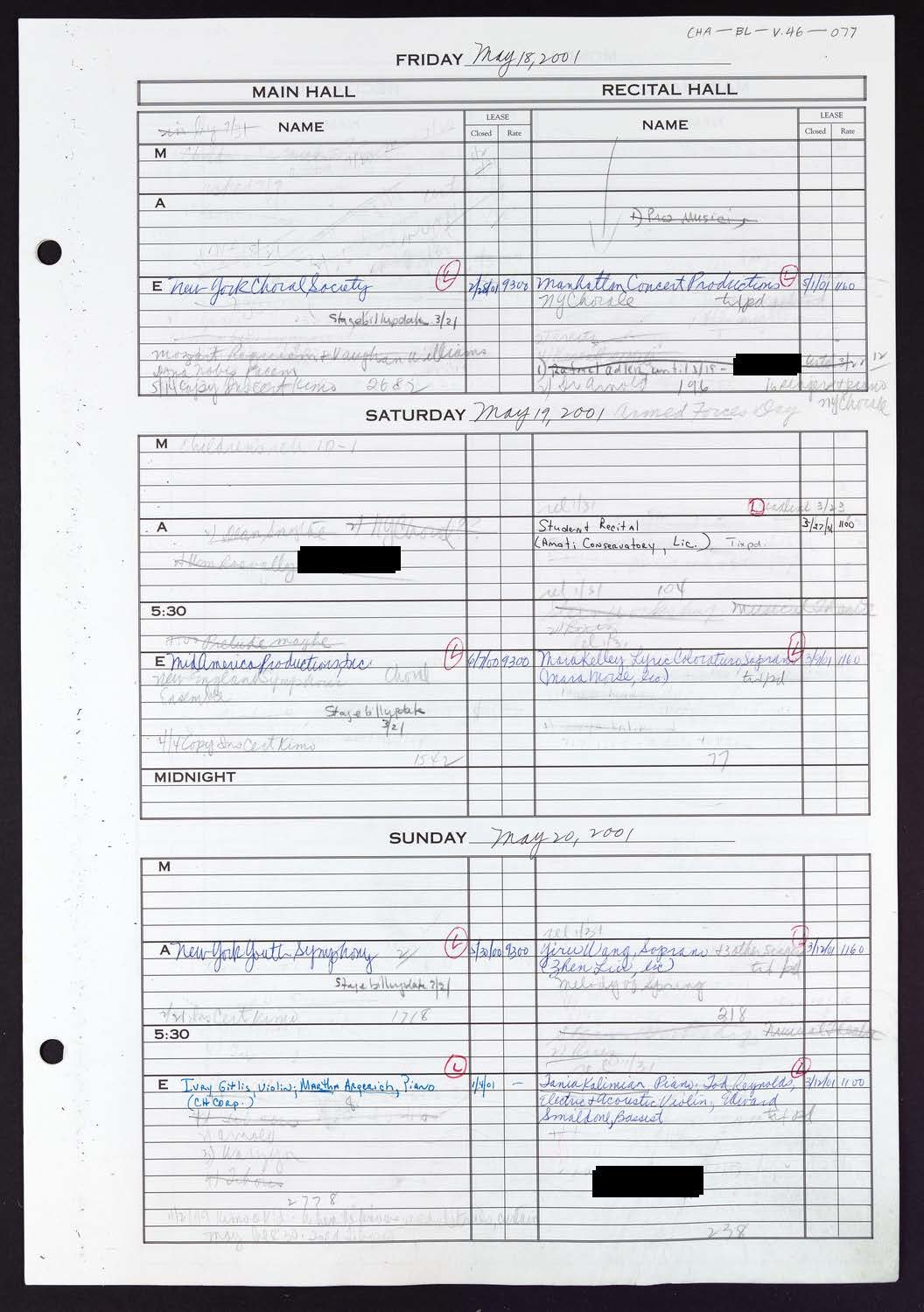 Carnegie Hall Booking Ledger, volume 46, page 77