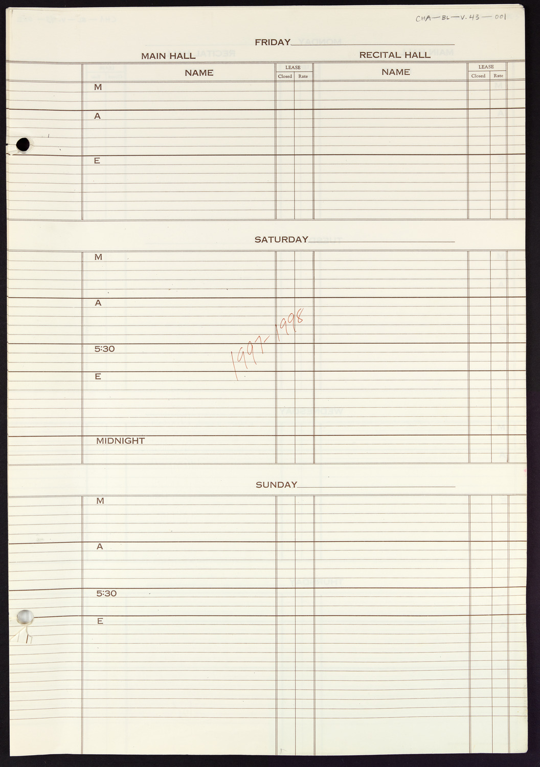 Carnegie Hall Booking Ledger, volume 43, page 1