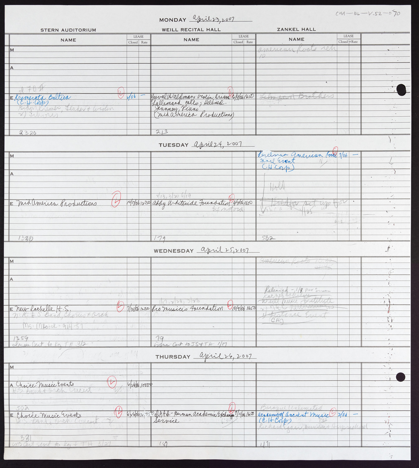 Carnegie Hall Booking Ledger, volume 52, page 70