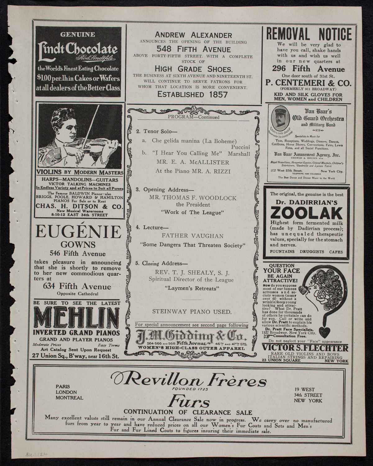 Lecture by Father Bernard Vaughan, January 31, 1912, program page 7