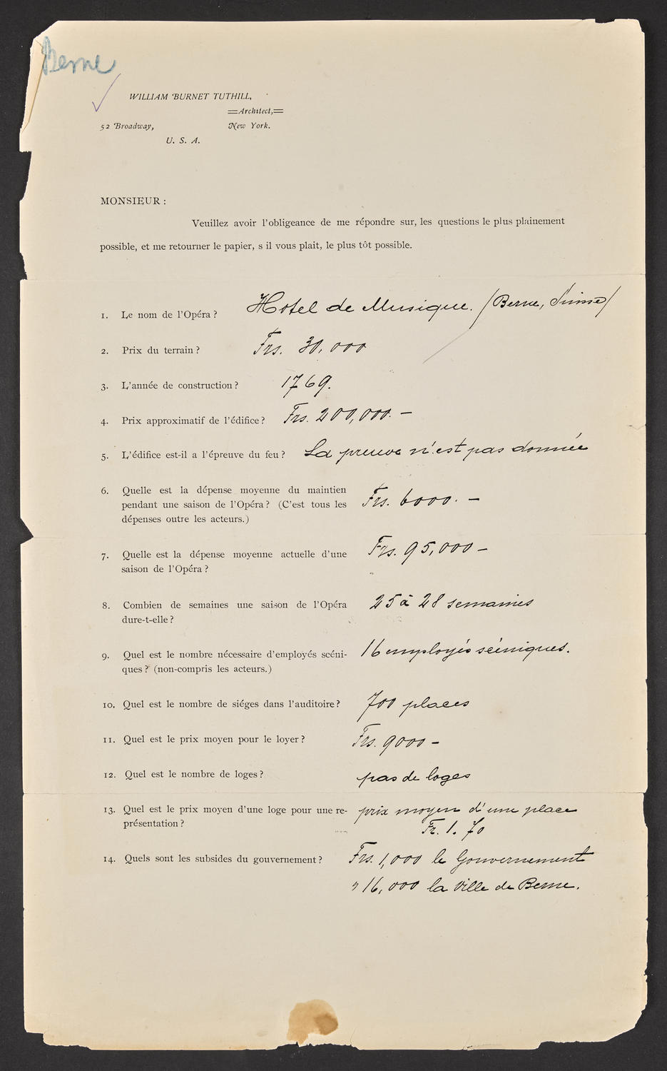 Questionnaire to Hotel de Musique, page 1 of 2