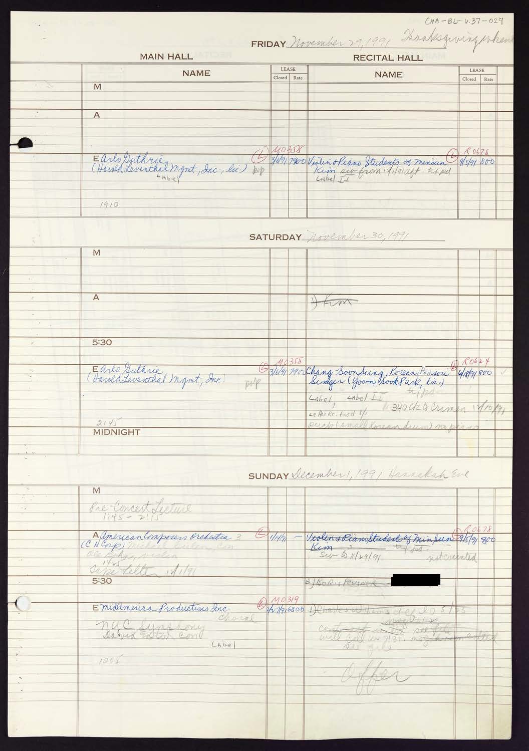 Carnegie Hall Booking Ledger, volume 37, page 29