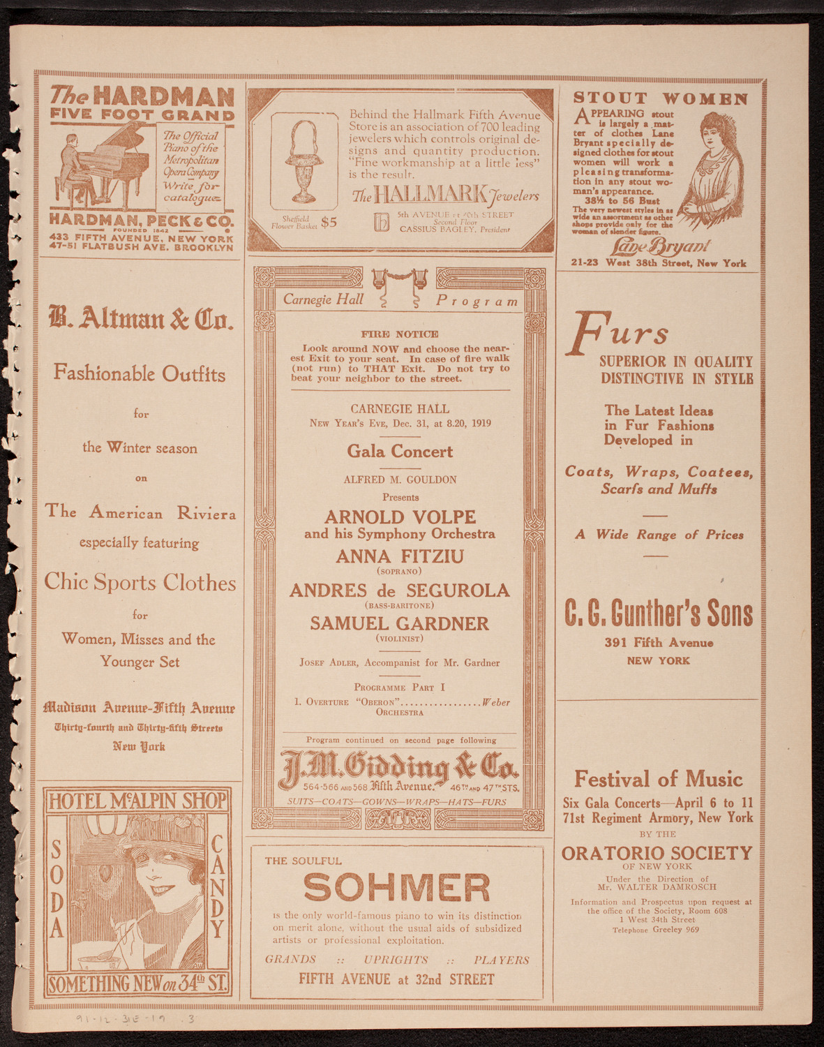 Arnold Volpe and his Symphony Orchestra with Anna Fitziu, Andres de Segurola, and Samuel Gardner, December 31, 1919, program page 5