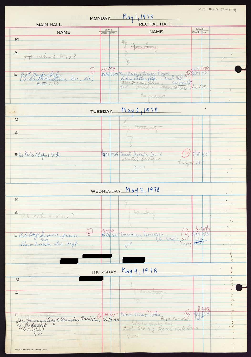 Carnegie Hall Booking Ledger, volume 23, page 74