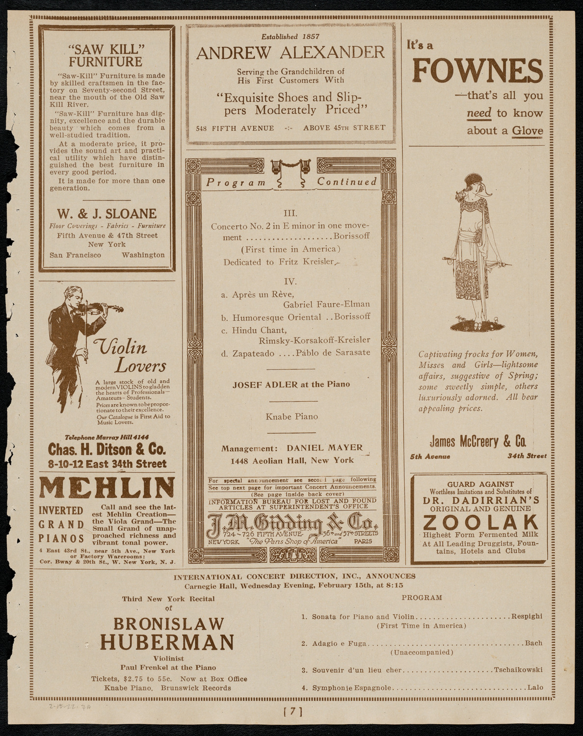 Bronislaw Huberman, Violin, February 15, 1922, program page 7