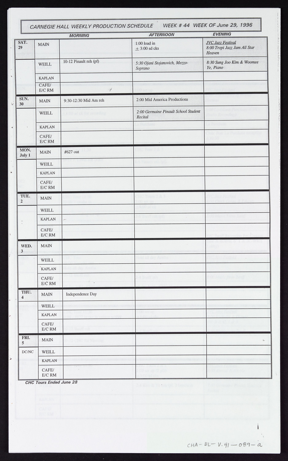 Carnegie Hall Booking Ledger, volume 41, page 89a