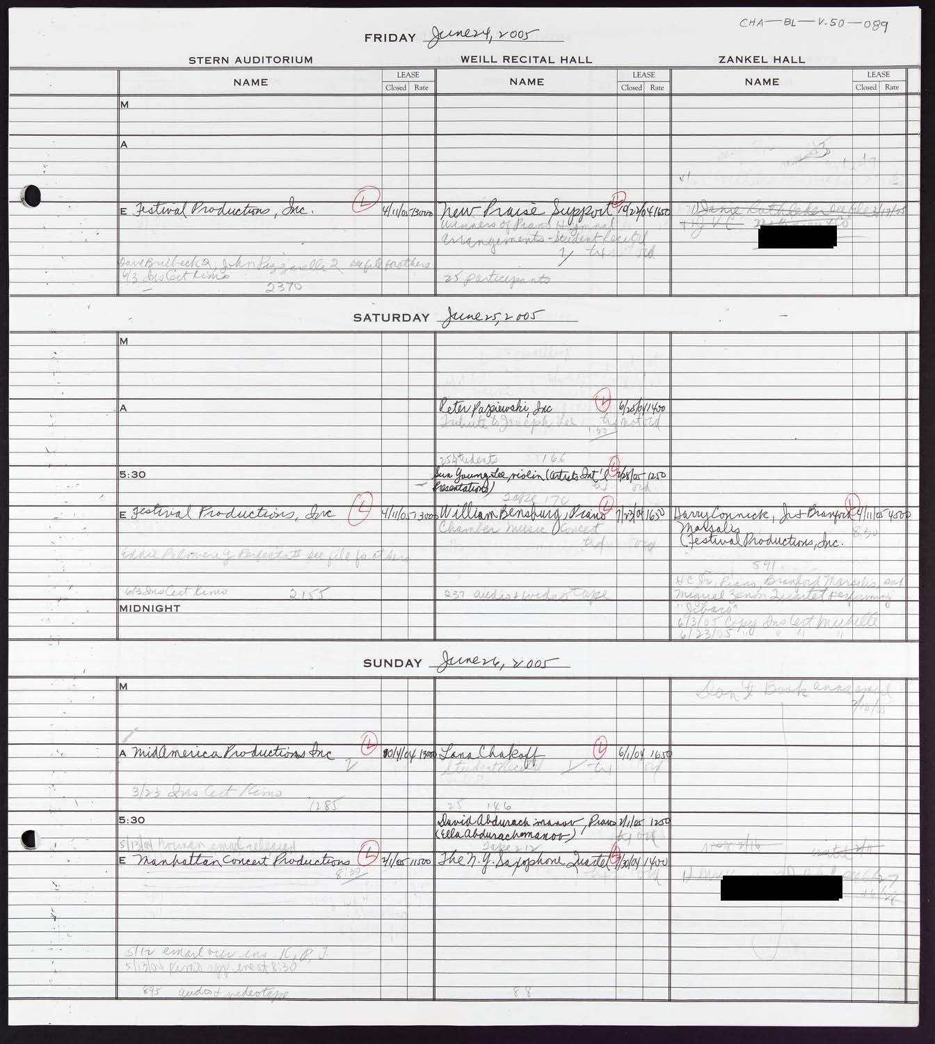 Carnegie Hall Booking Ledger, volume 50, page 89