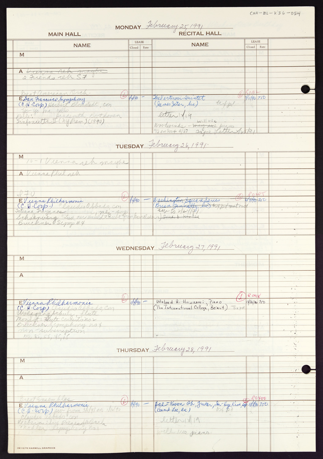 Carnegie Hall Booking Ledger, volume 36, page 54