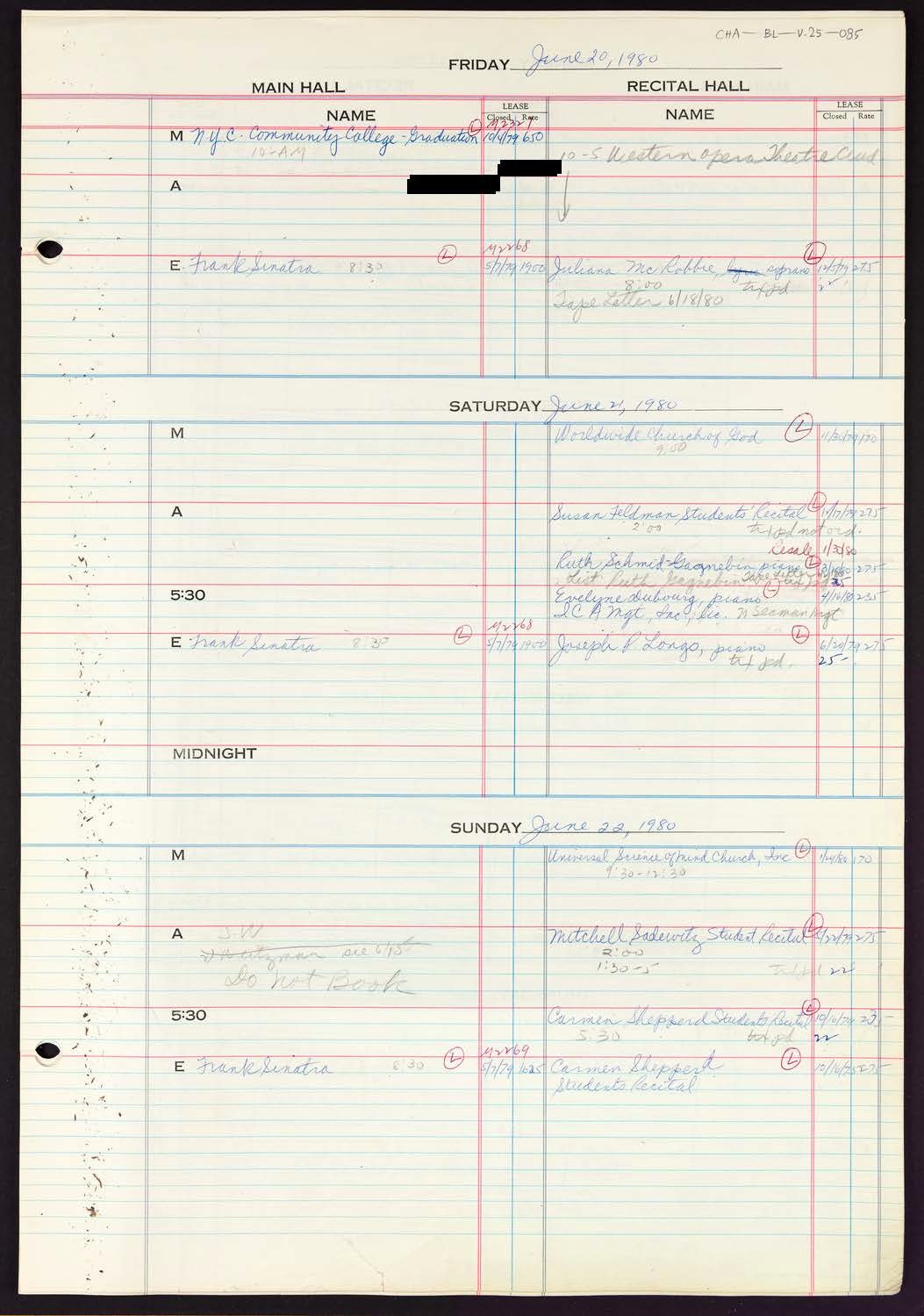 Carnegie Hall Booking Ledger, volume 25, page 85