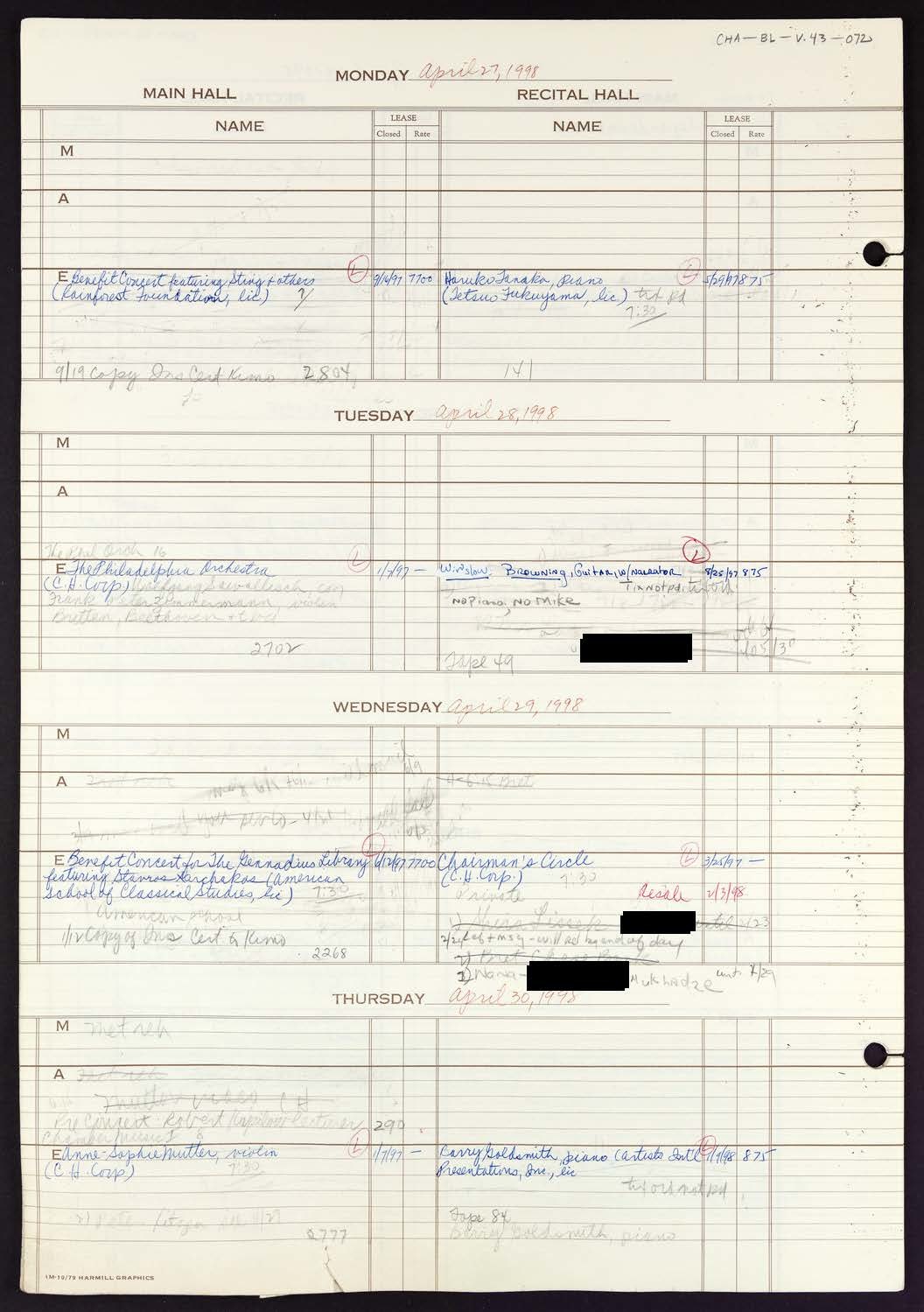 Carnegie Hall Booking Ledger, volume 43, page 72