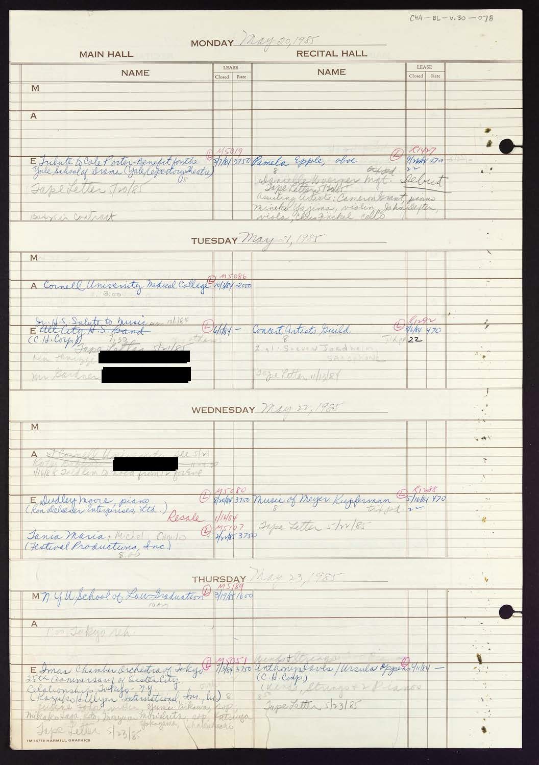 Carnegie Hall Booking Ledger, volume 30, page 78