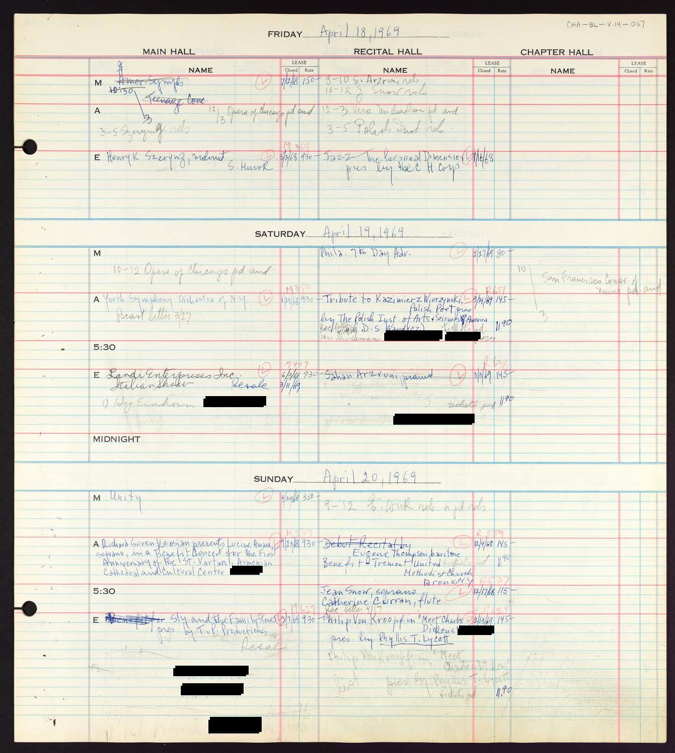 Carnegie Hall Booking Ledger, volume 14, page 67