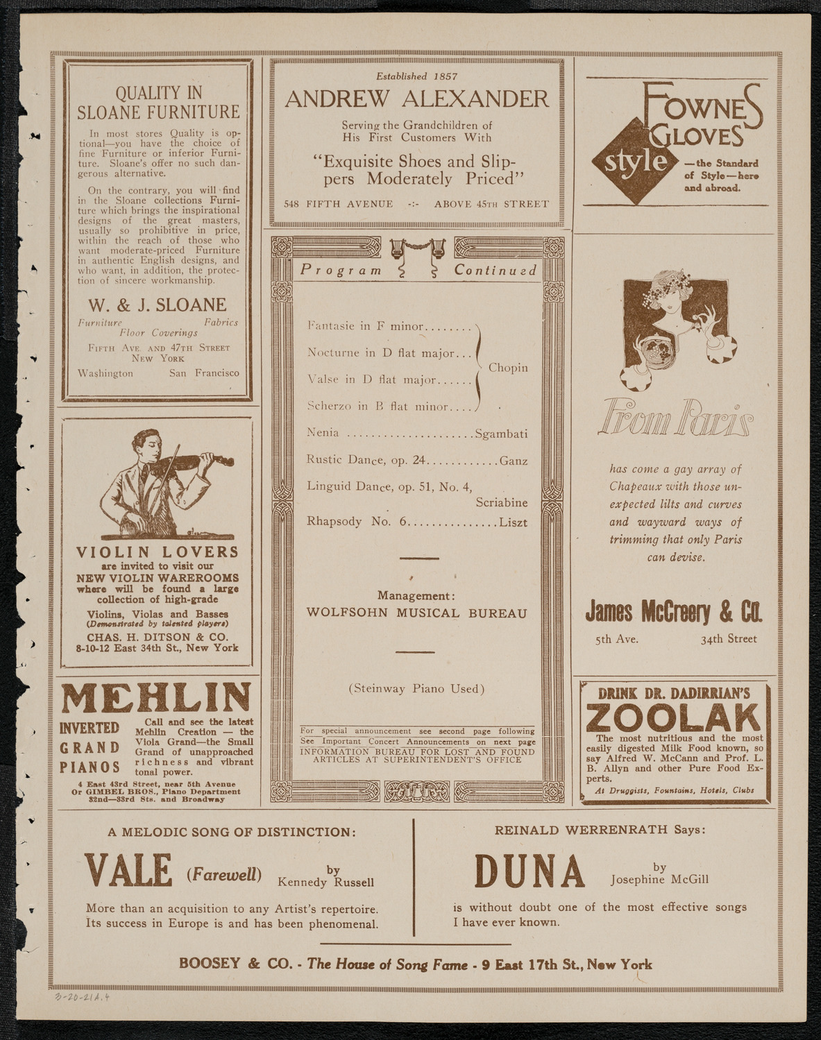 Josef Hofmann, Piano, March 20, 1921, program page 7