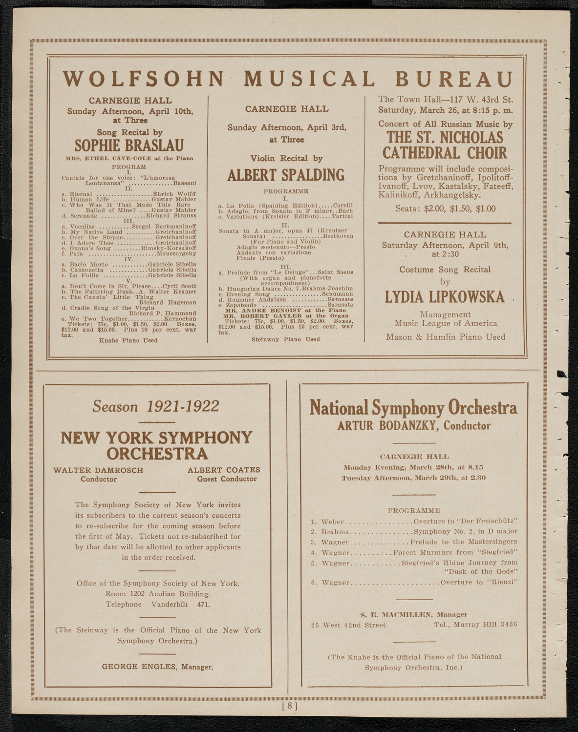 Fritz Kreisler, Violin, March 26, 1921, program page 8