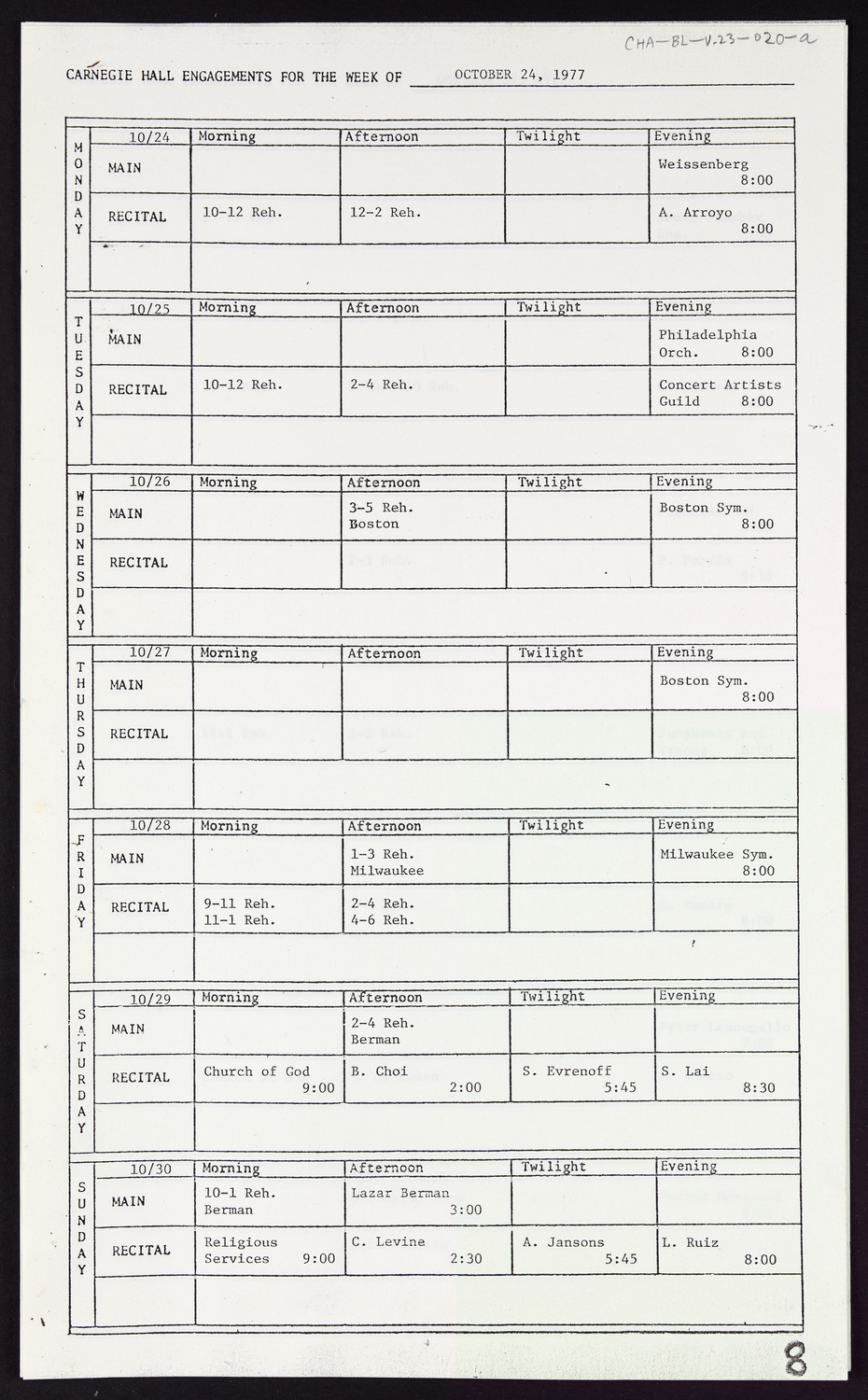 Carnegie Hall Booking Ledger, volume 23, page 20a