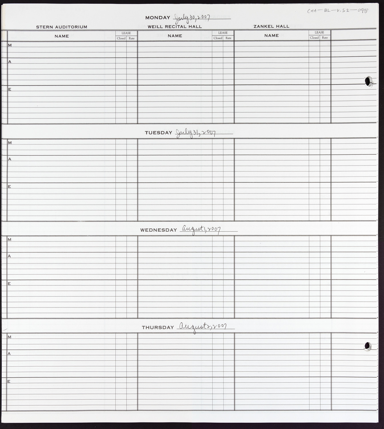 Carnegie Hall Booking Ledger, volume 52, page 98