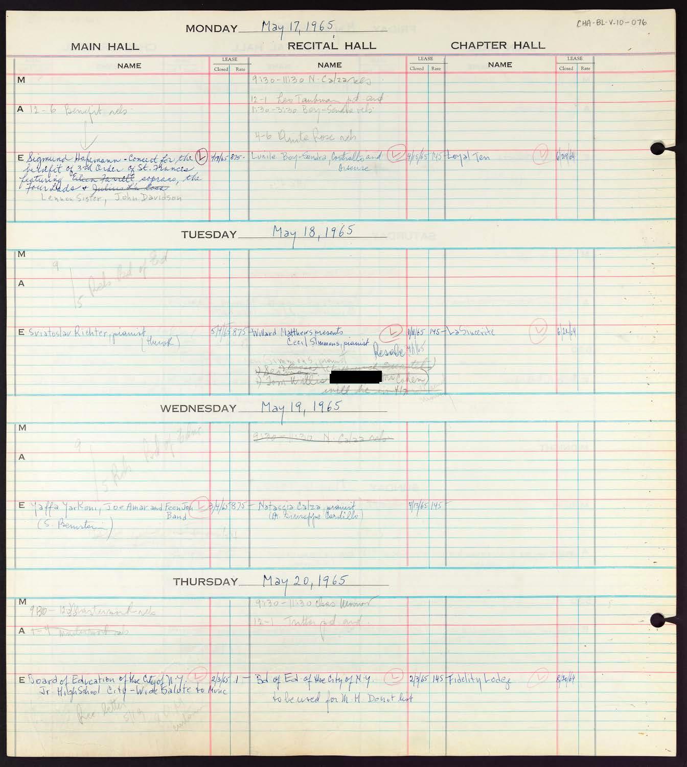 Carnegie Hall Booking Ledger, volume 10, page 76