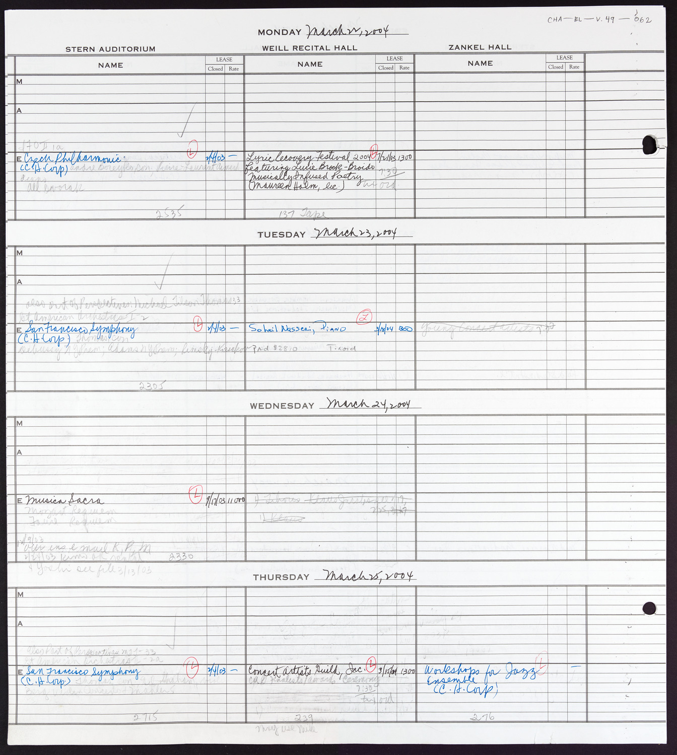 Carnegie Hall Booking Ledger, volume 49, page 62