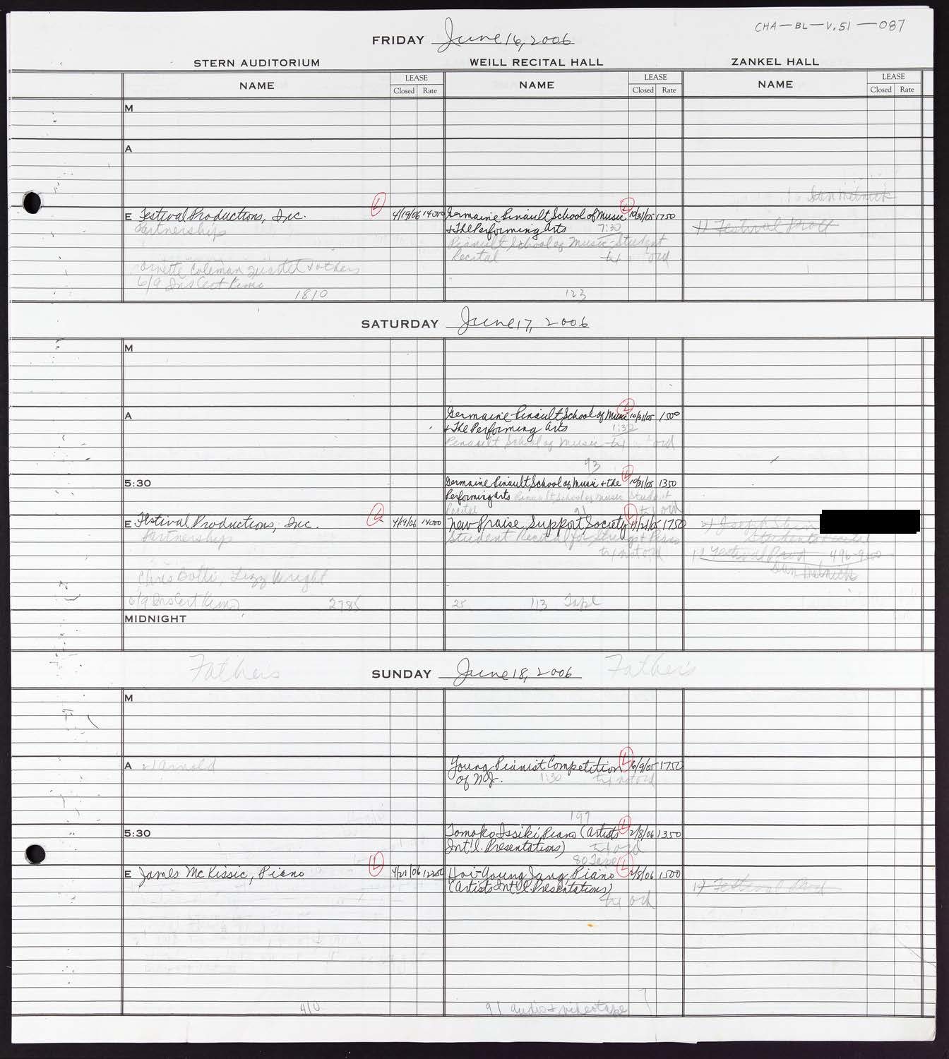 Carnegie Hall Booking Ledger, volume 51, page 87