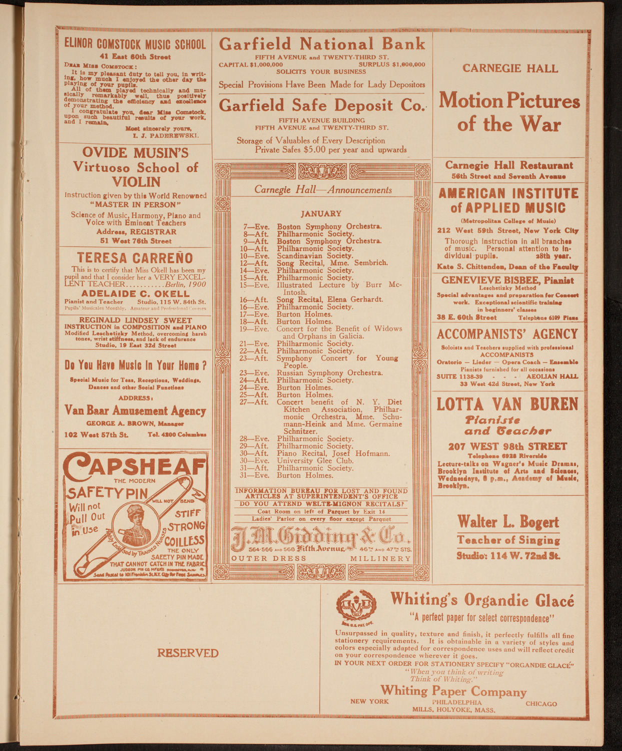 Julia Culp, Contralto, January 5, 1915, program page 3