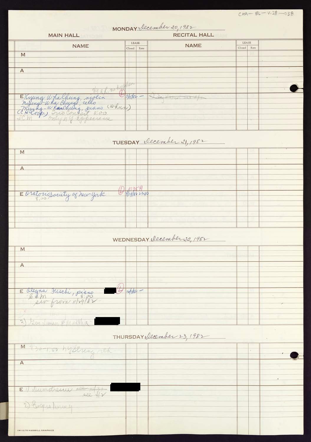 Carnegie Hall Booking Ledger, volume 28, page 38