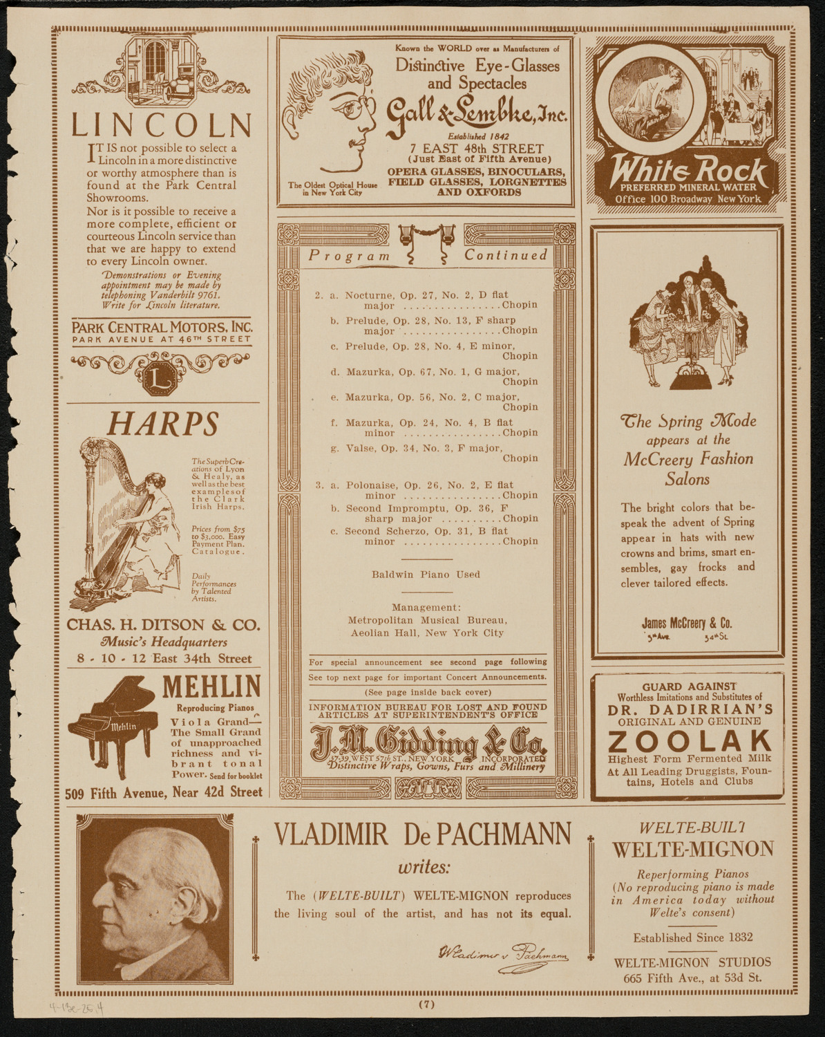 Vladimir de Pachmann, Piano, April 13, 1925, program page 7